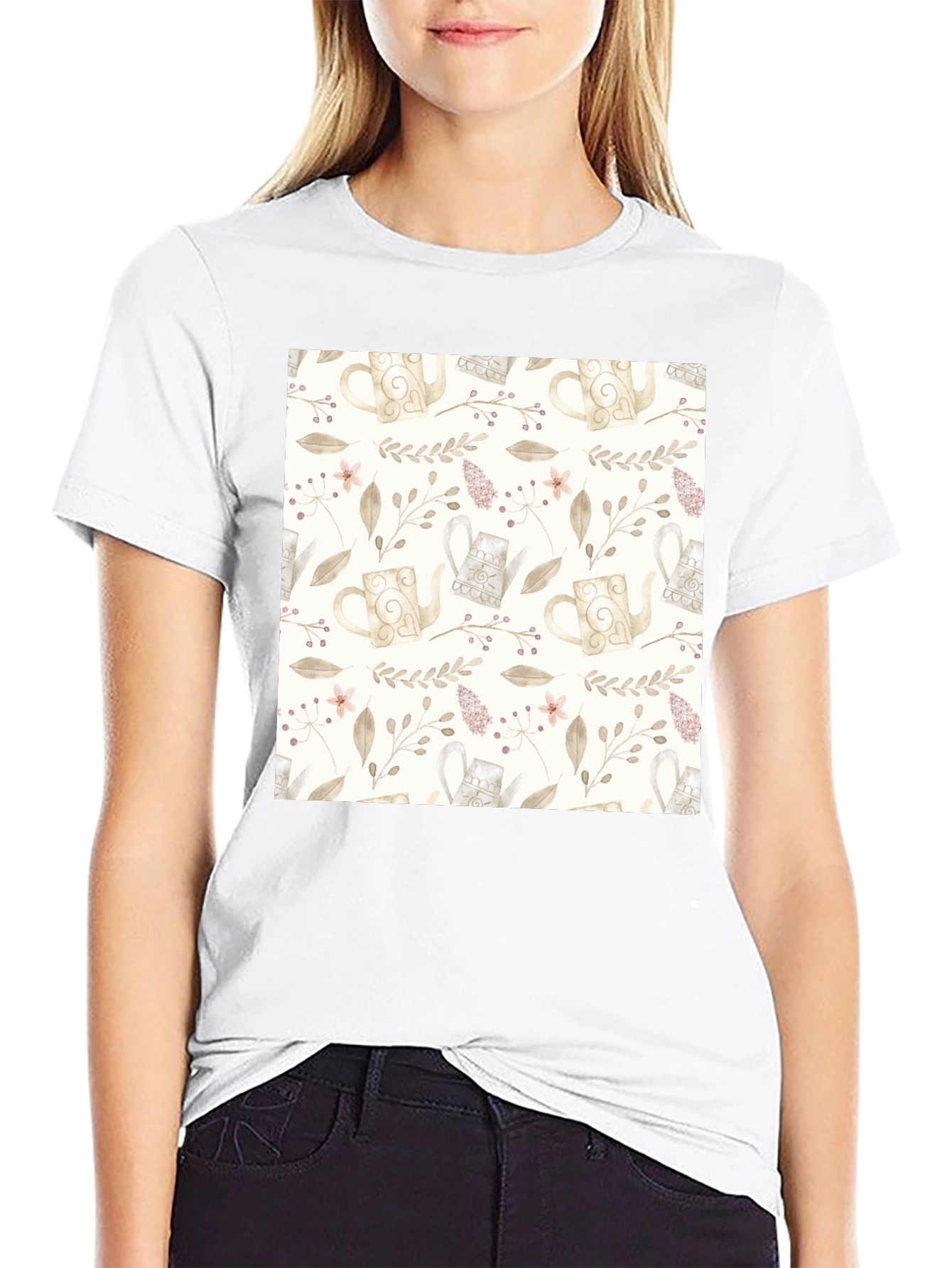 Elegant Floral Teapot Pattern Black T-Shirt