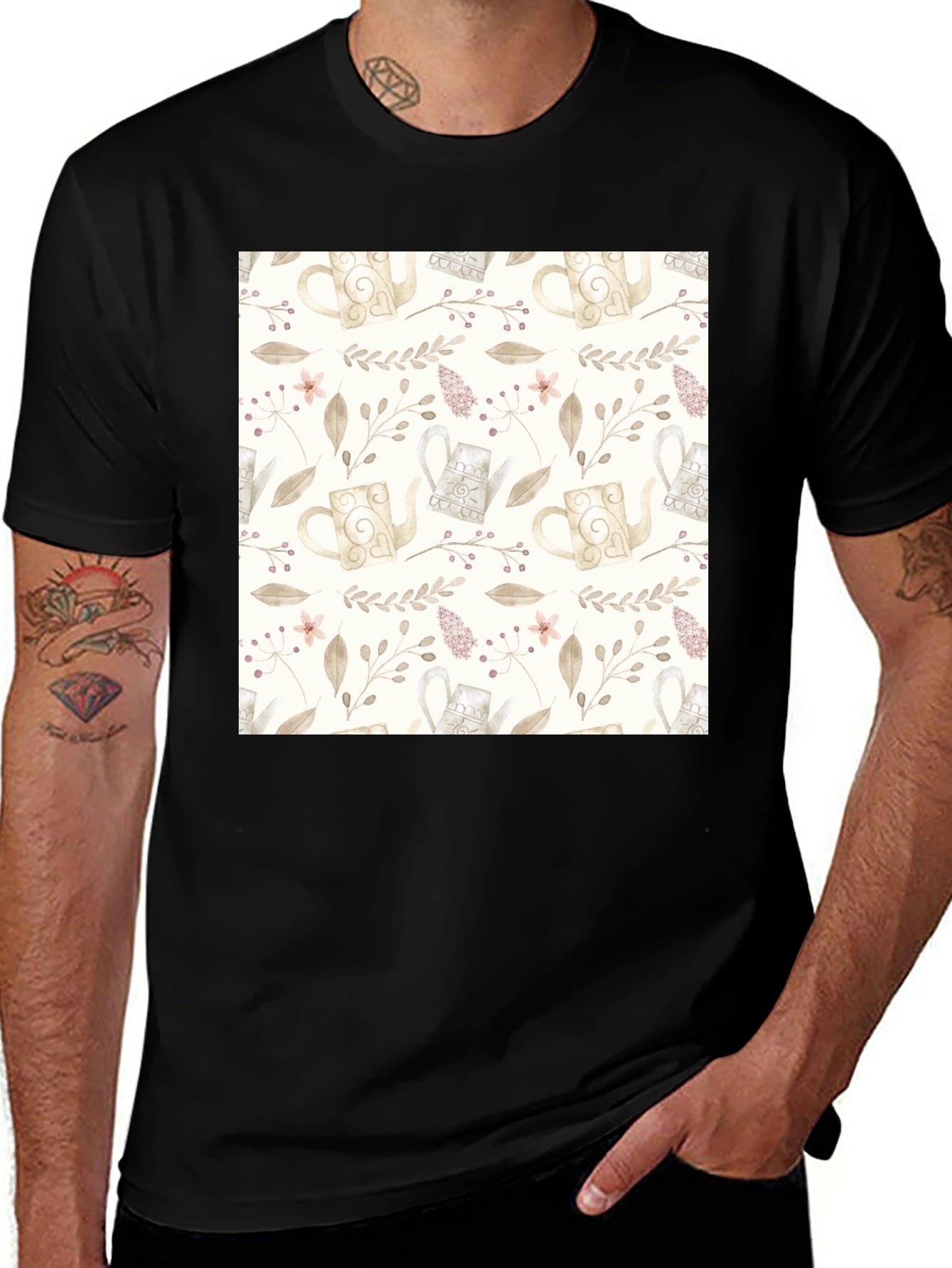 Elegant Floral Teapot Pattern Black T-Shirt