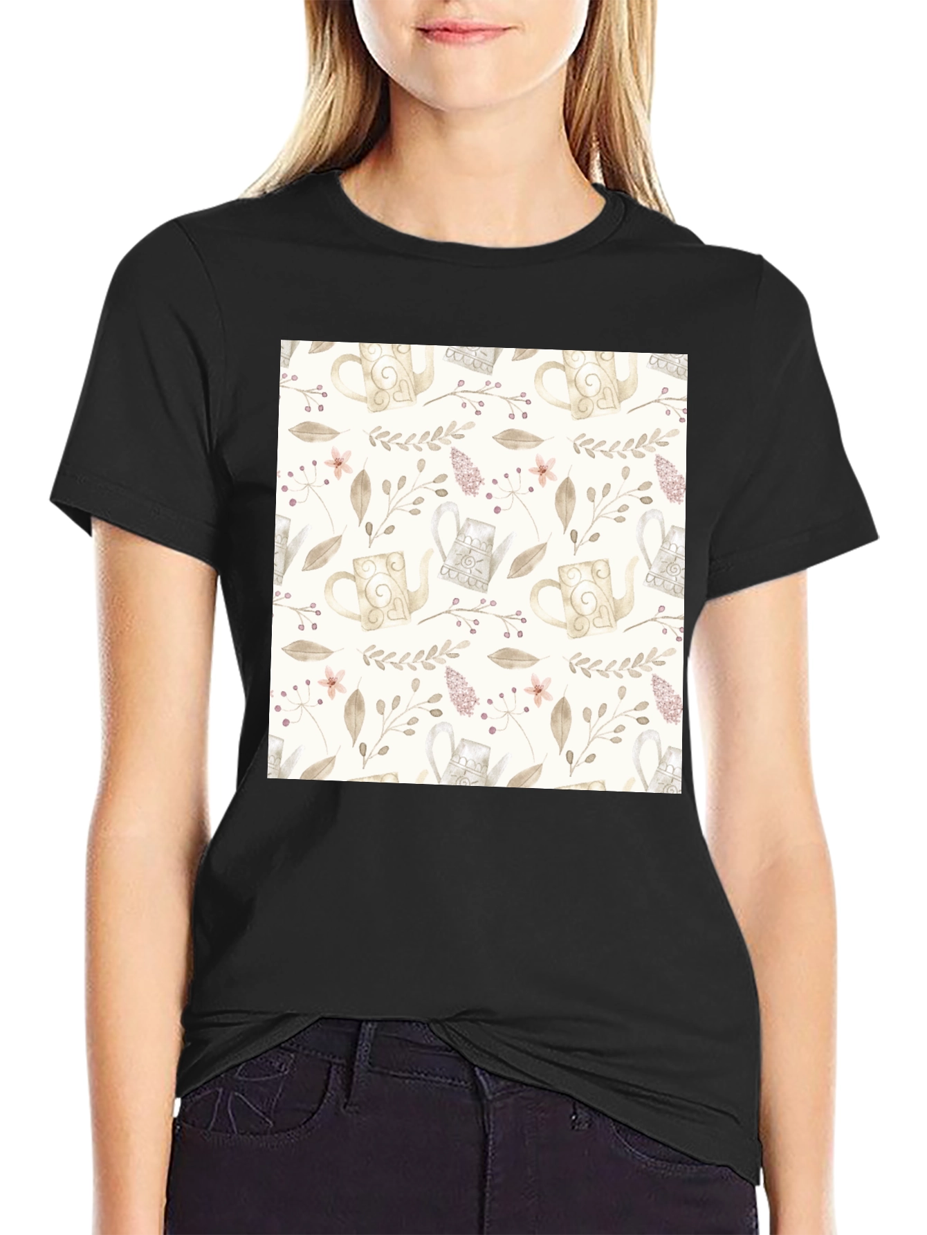 Elegant Floral Teapot Pattern Black T-Shirt
