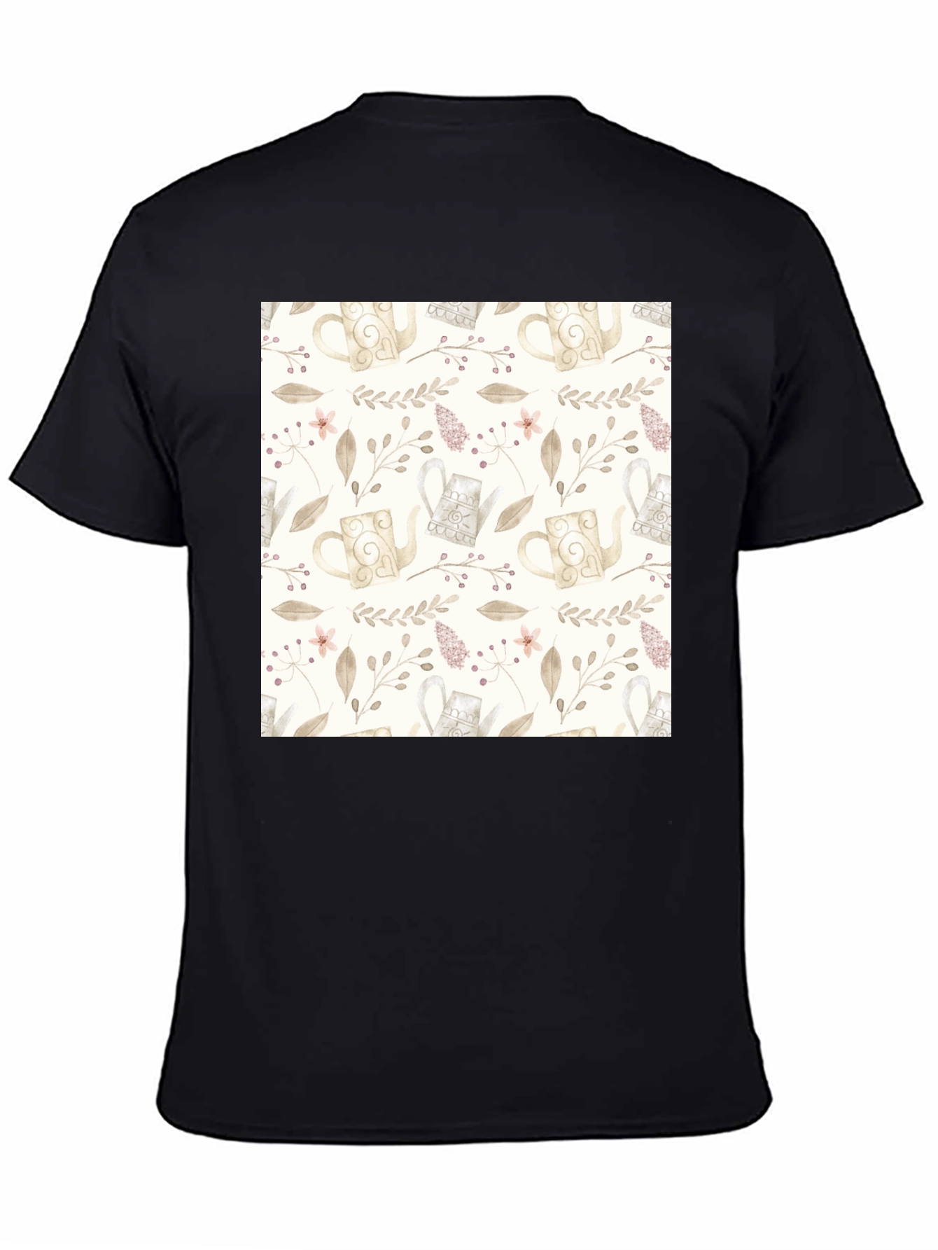 Elegant Floral Teapot Pattern Black T-Shirt