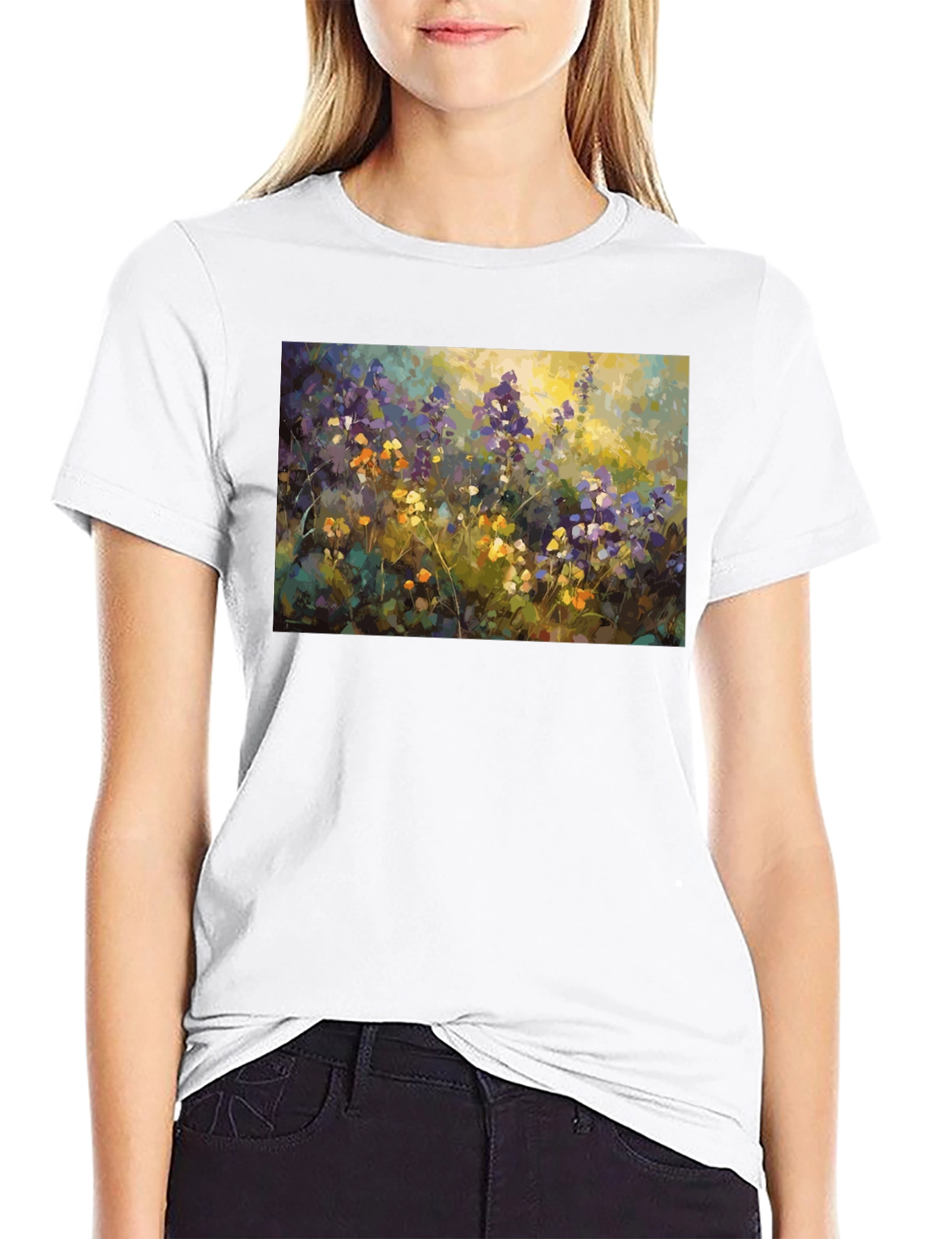 Floral Art Print Black T-Shirt - Impressionist Style