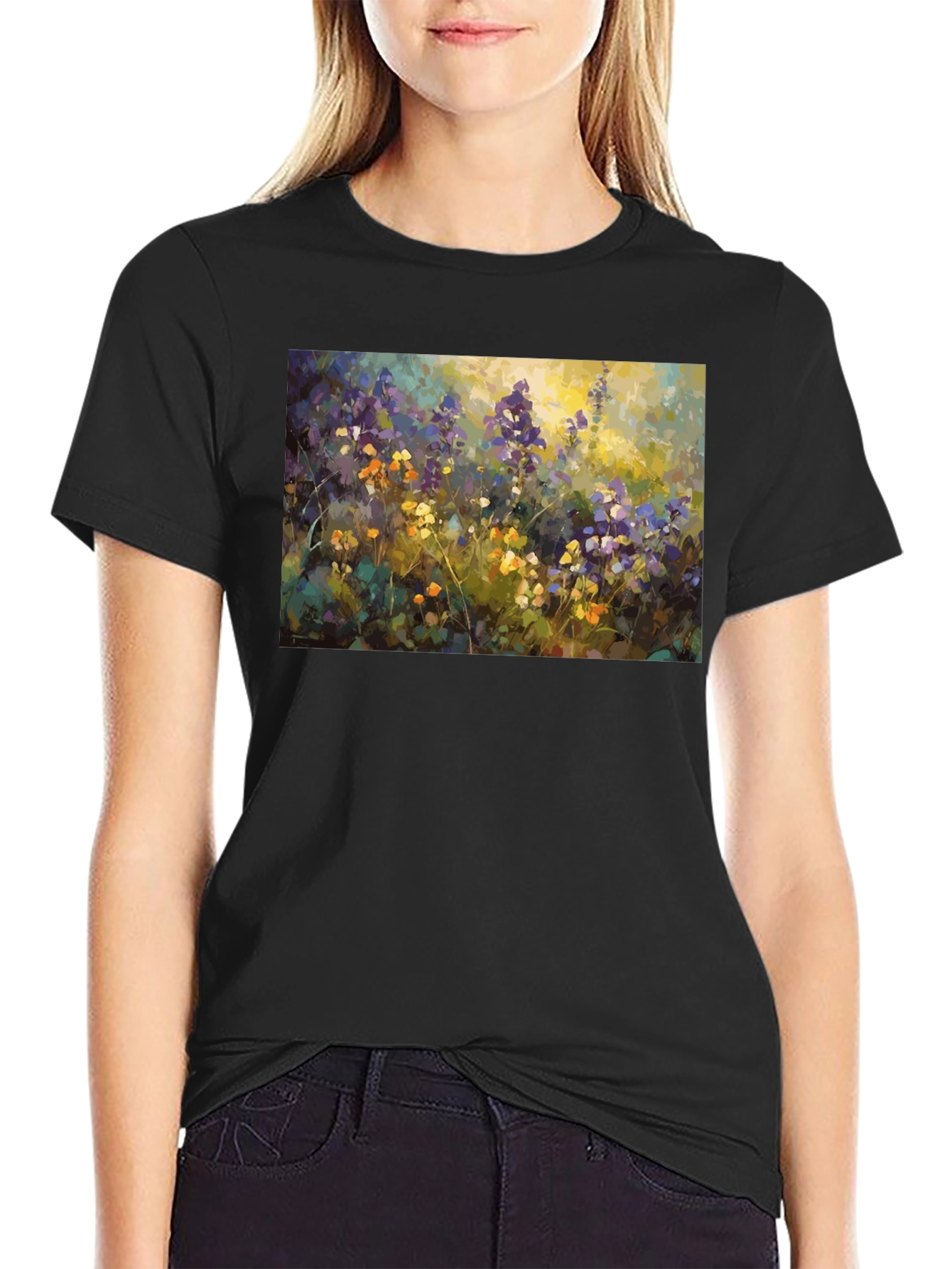 Floral Art Print Black T-Shirt - Impressionist Style