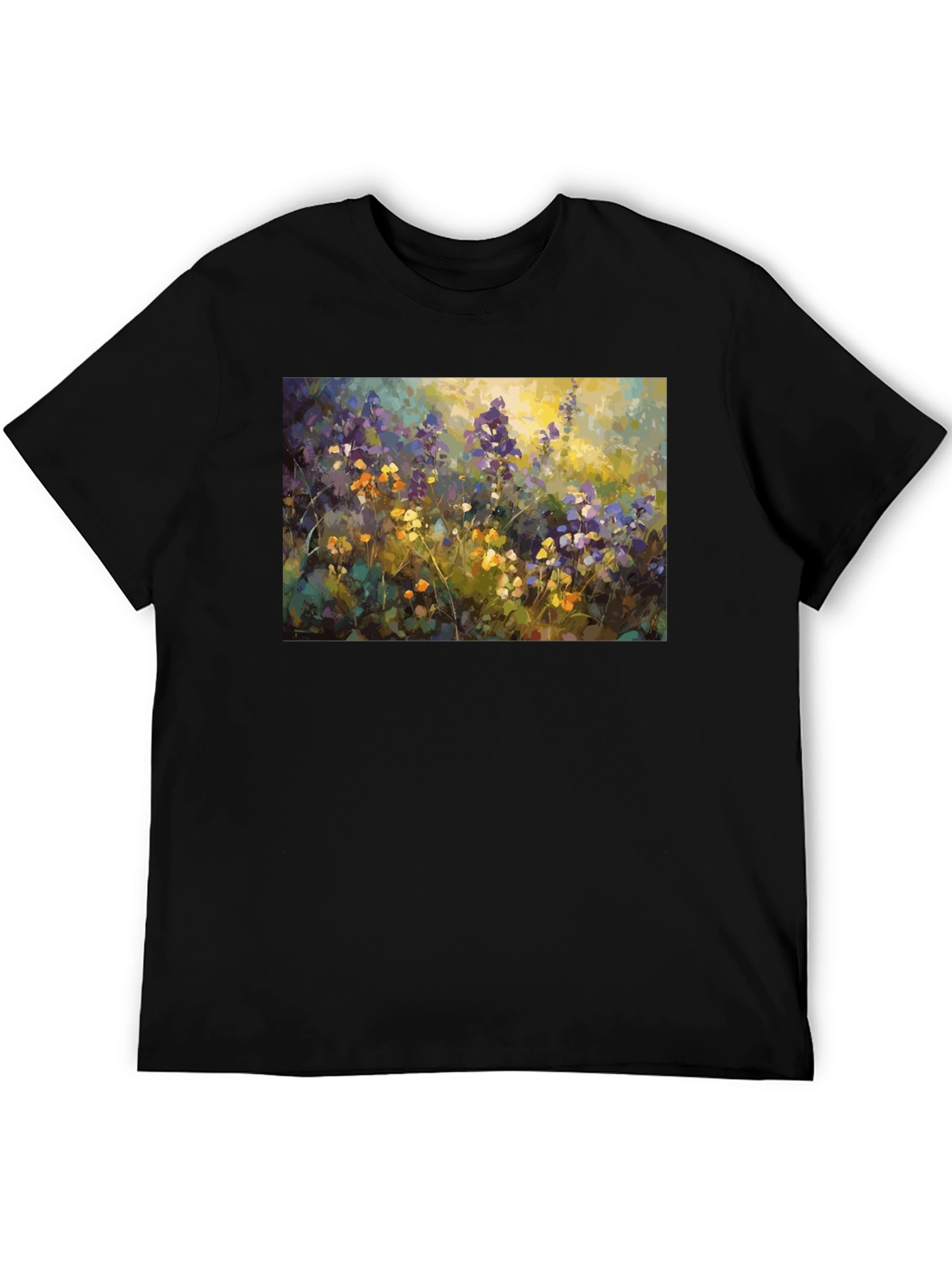 Floral Art Print Black T-Shirt - Impressionist Style
