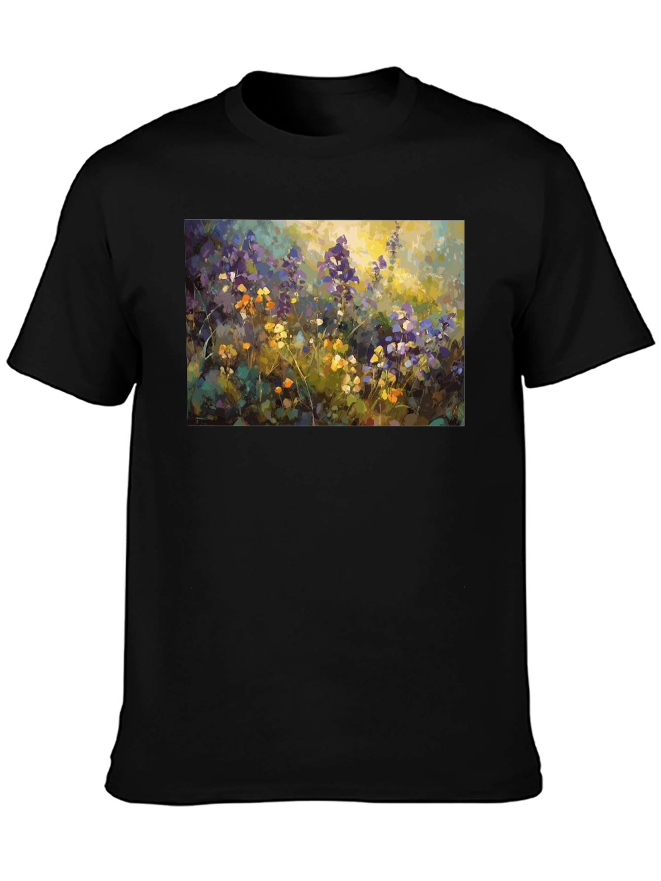 Floral Art Print Black T-Shirt - Impressionist Style