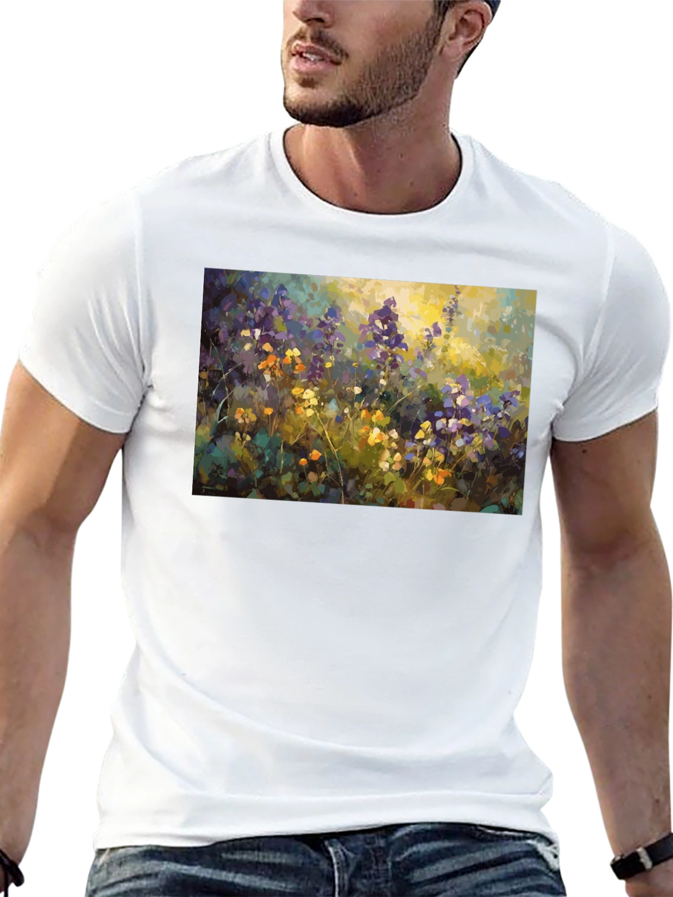 Floral Art Print Black T-Shirt - Impressionist Style