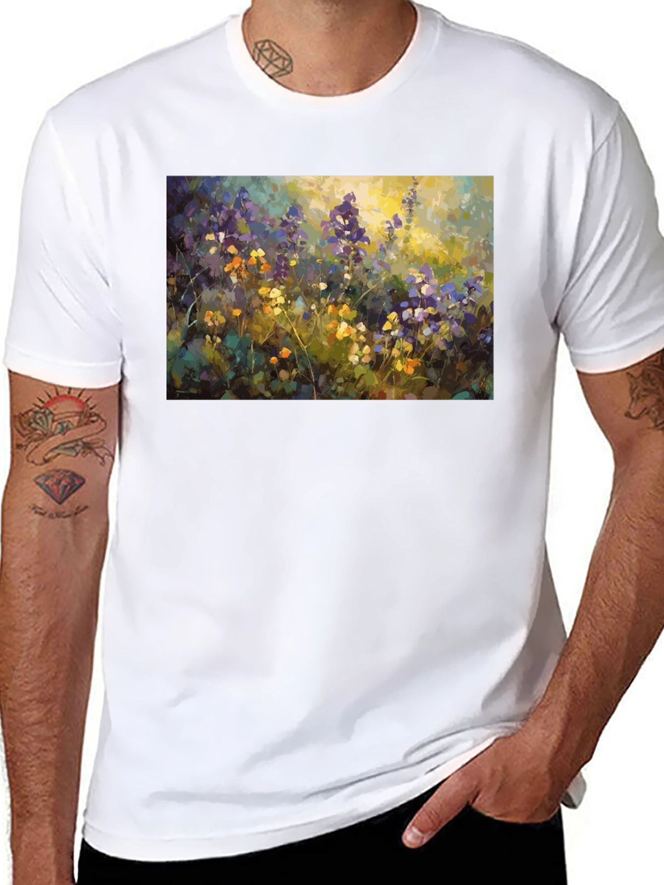 Floral Art Print Black T-Shirt - Impressionist Style