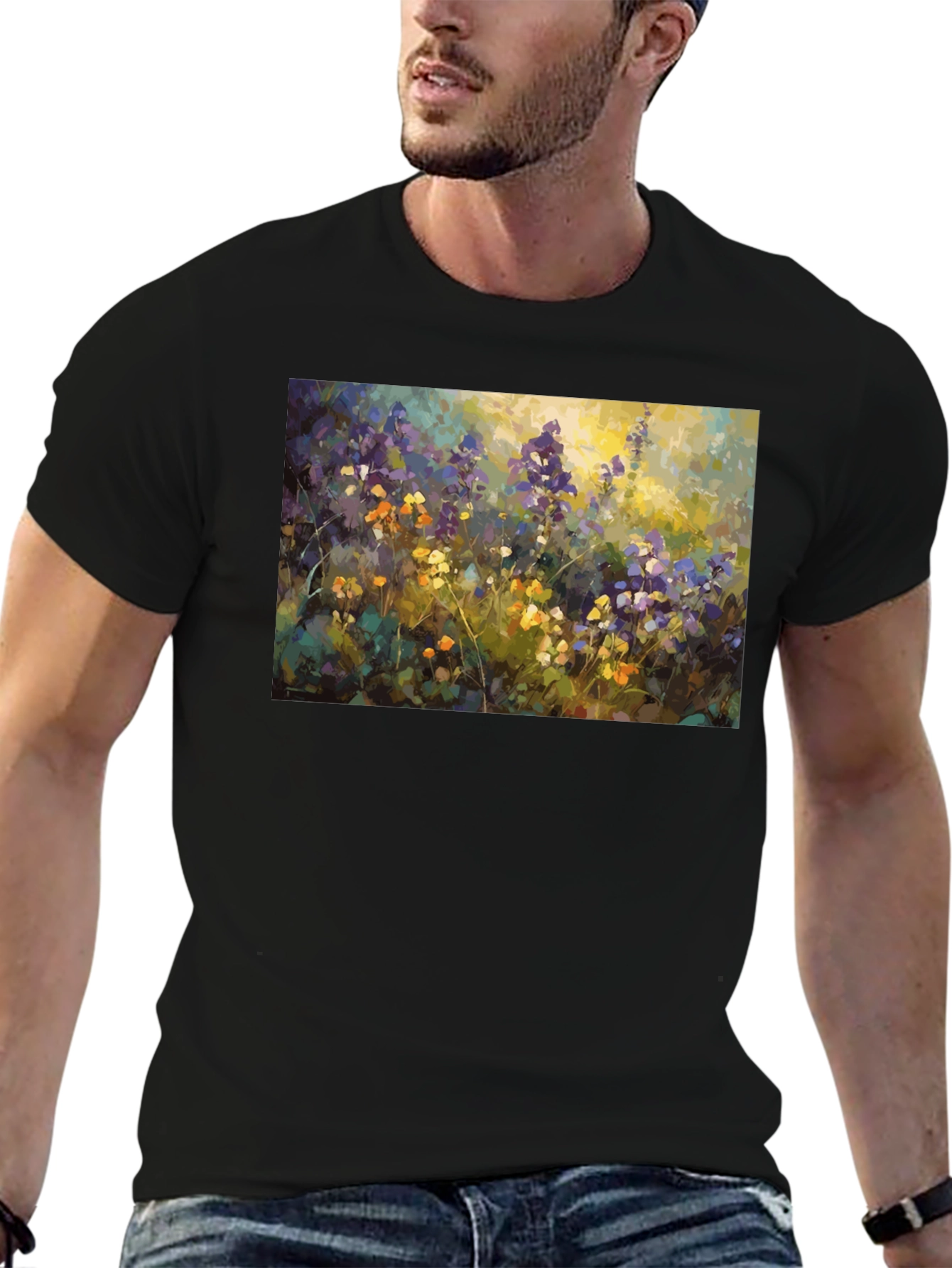 Floral Art Print Black T-Shirt - Impressionist Style