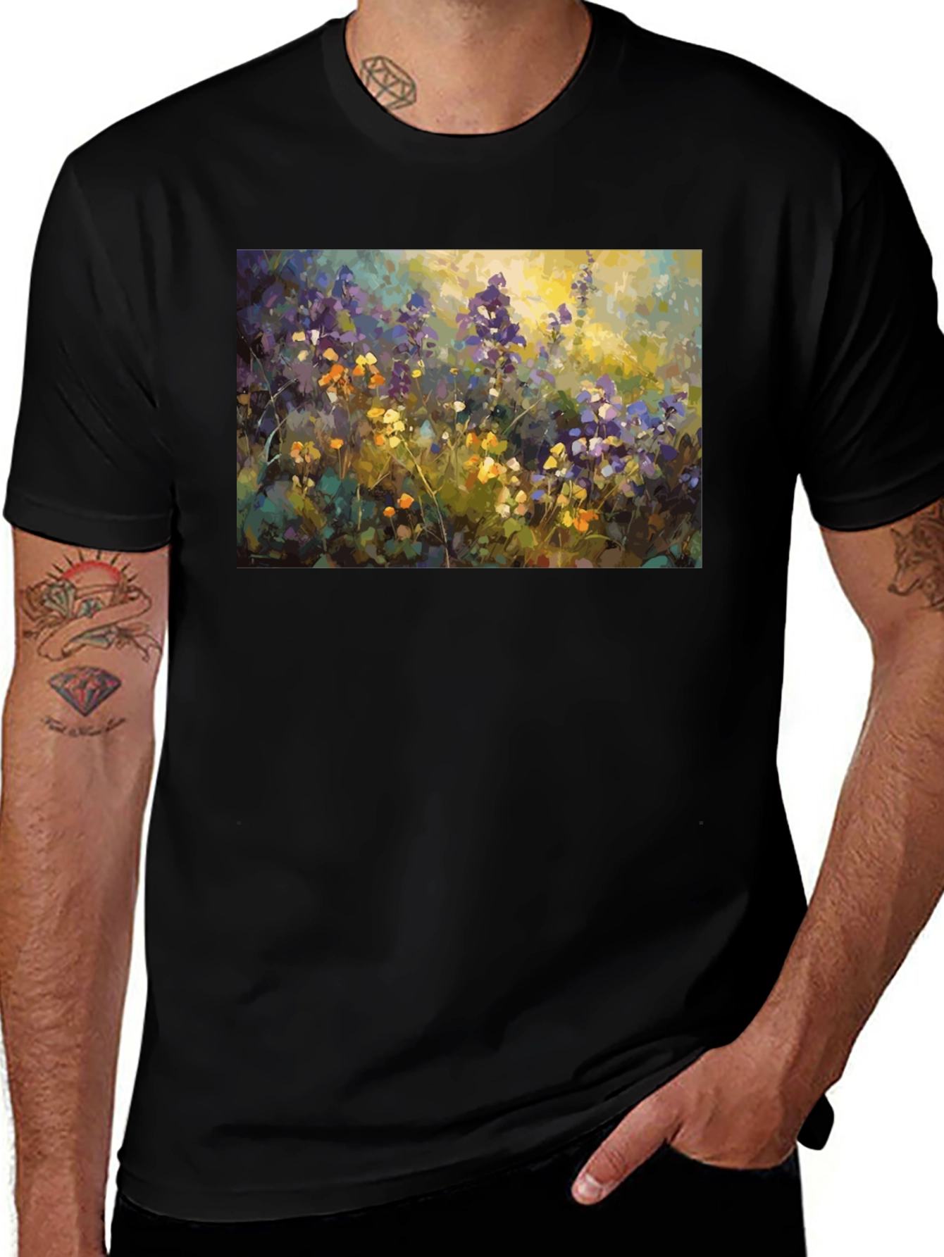 Floral Art Print Black T-Shirt - Impressionist Style