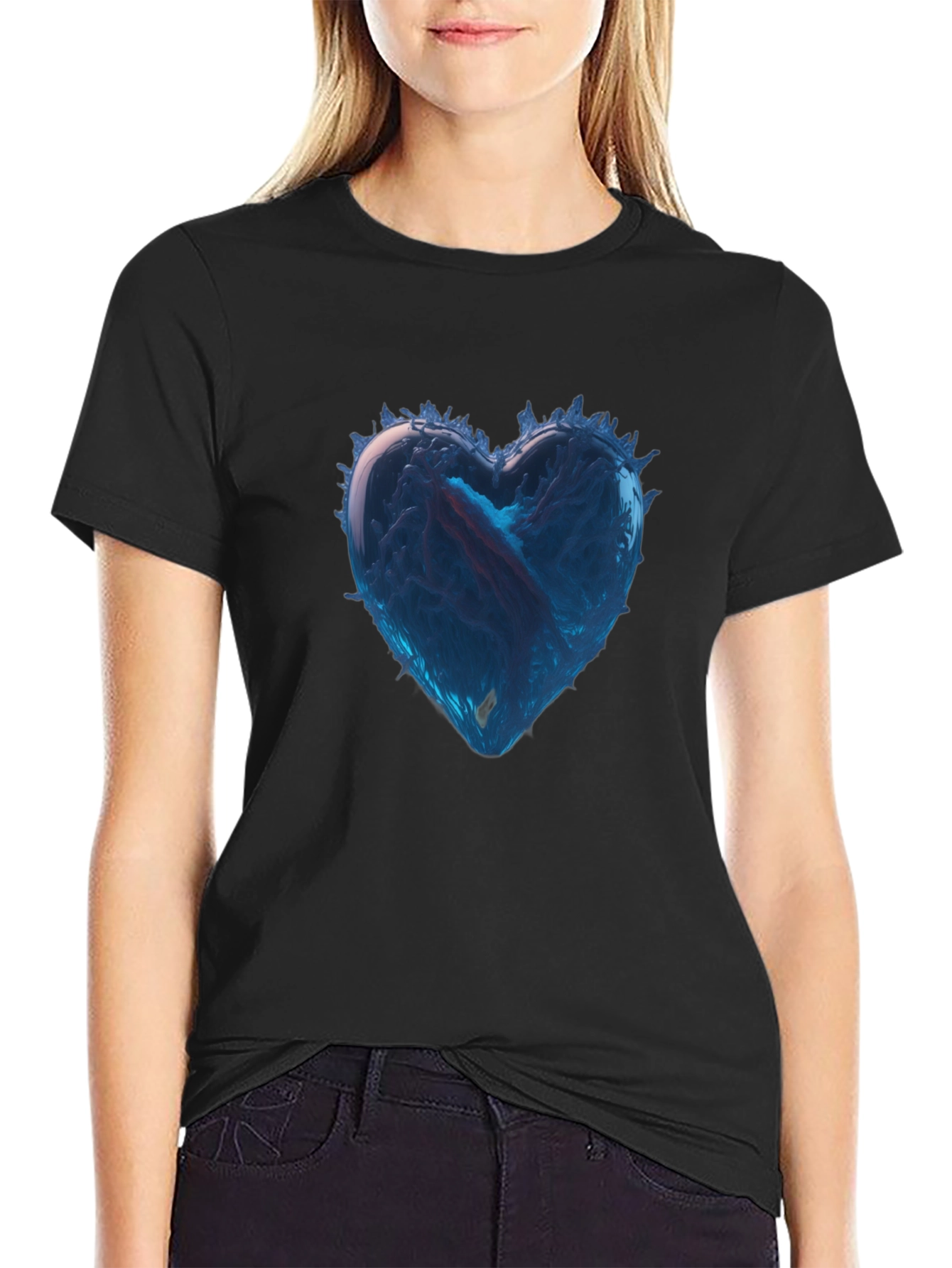 Icy Heart Graphic Tee - Black Cotton Casual