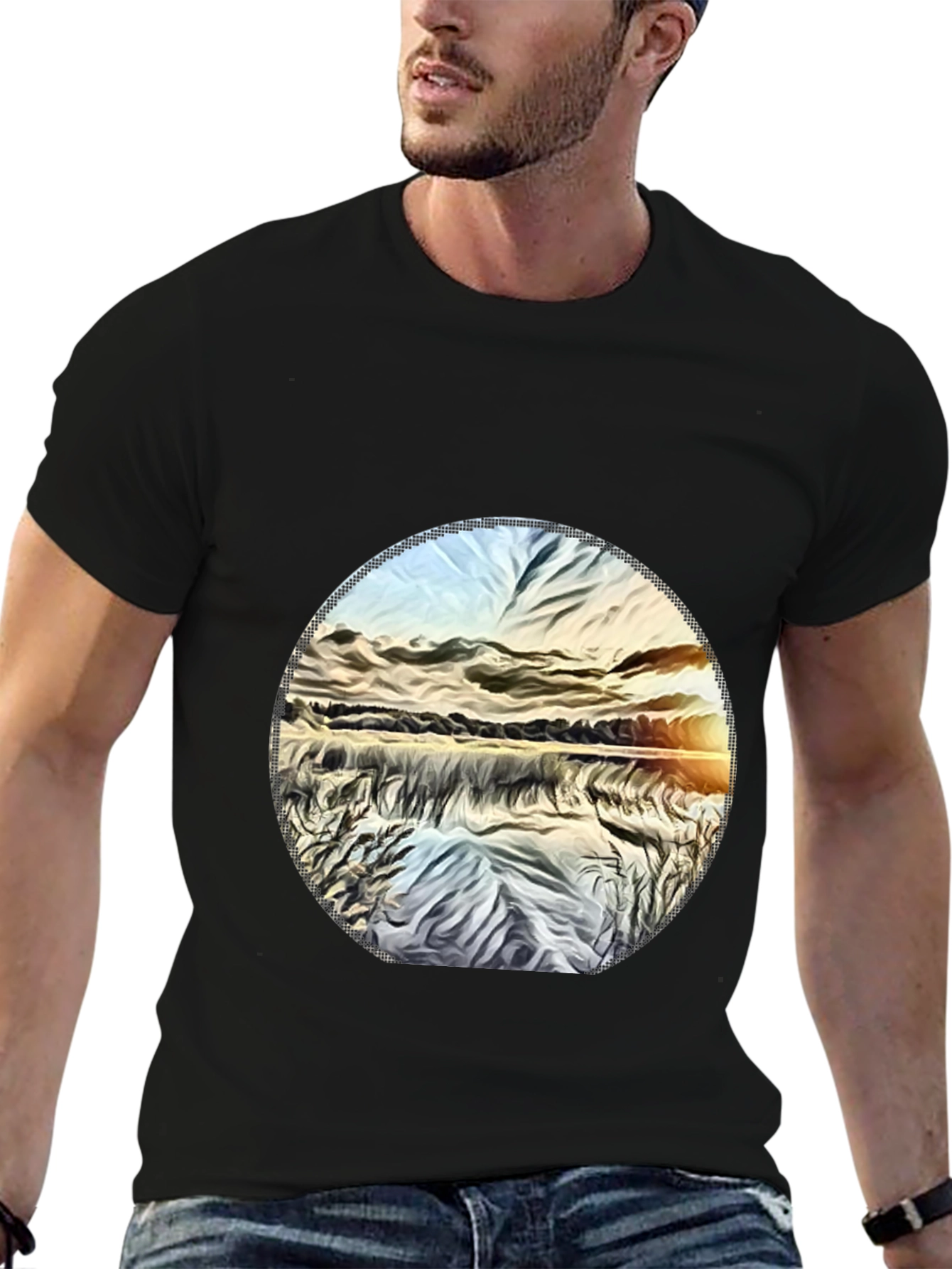 Sunset Lake Graphic Tee - Black Casual T-Shirt