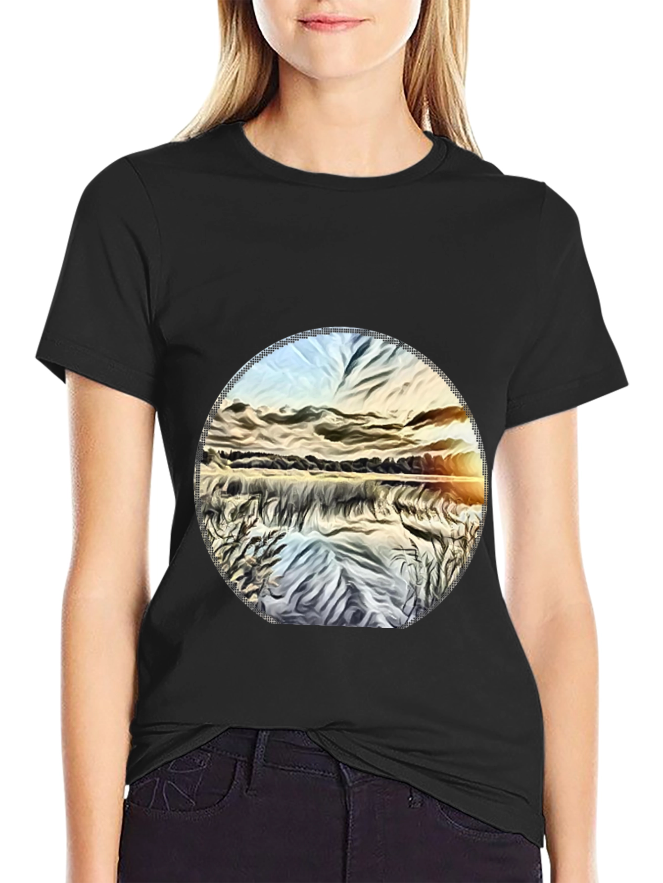 Sunset Lake Graphic Tee - Black Casual T-Shirt