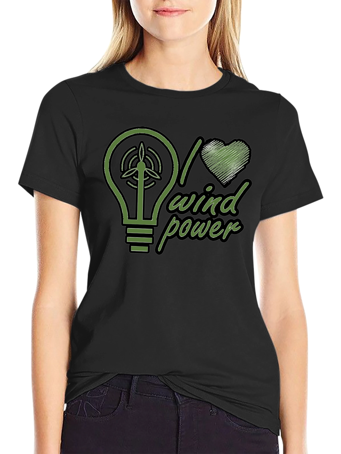I Love Wind Power Green Graphic Black T-Shirt