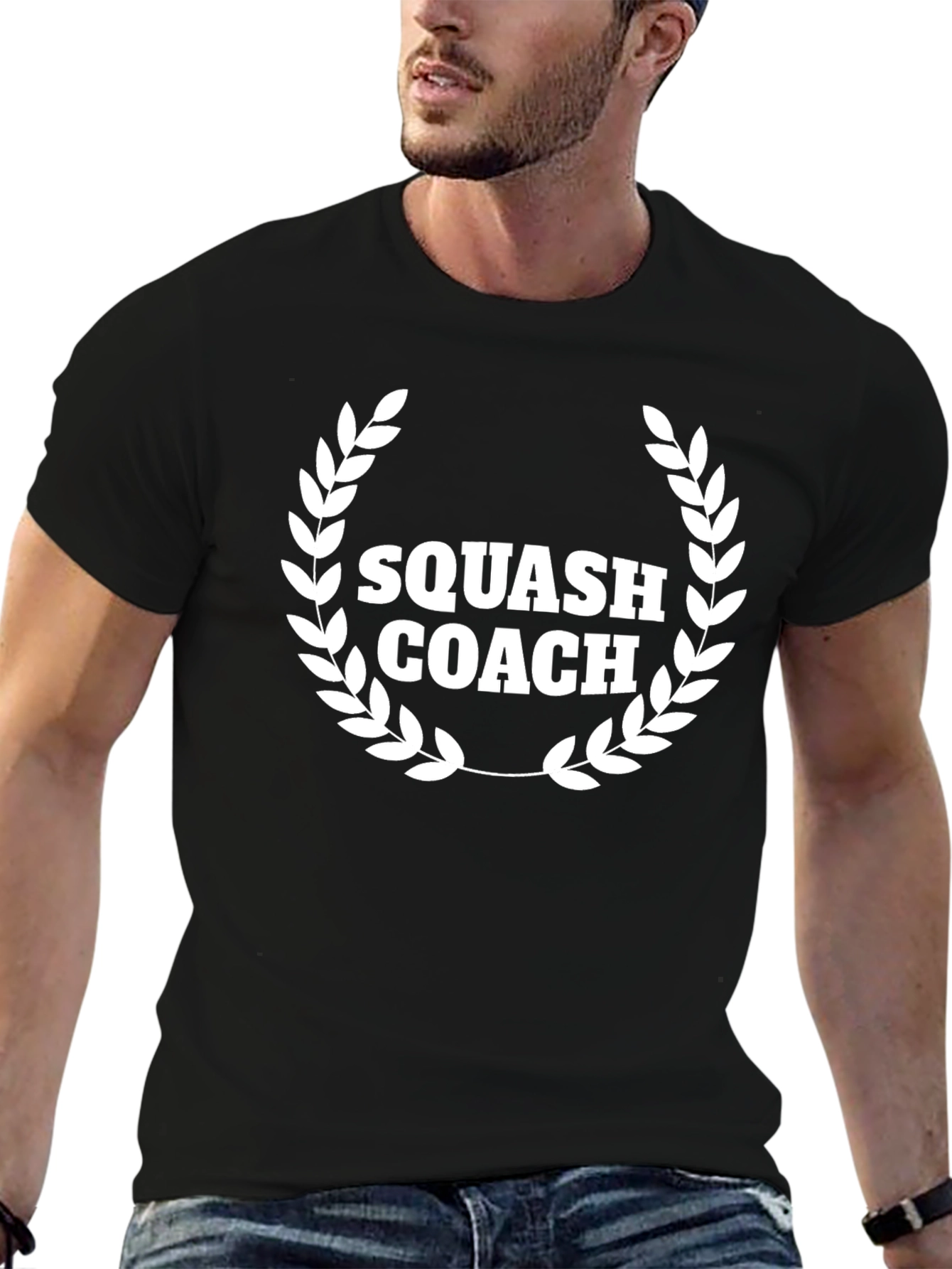 Squash Coach Black T-Shirt with Laurel Wreath Design