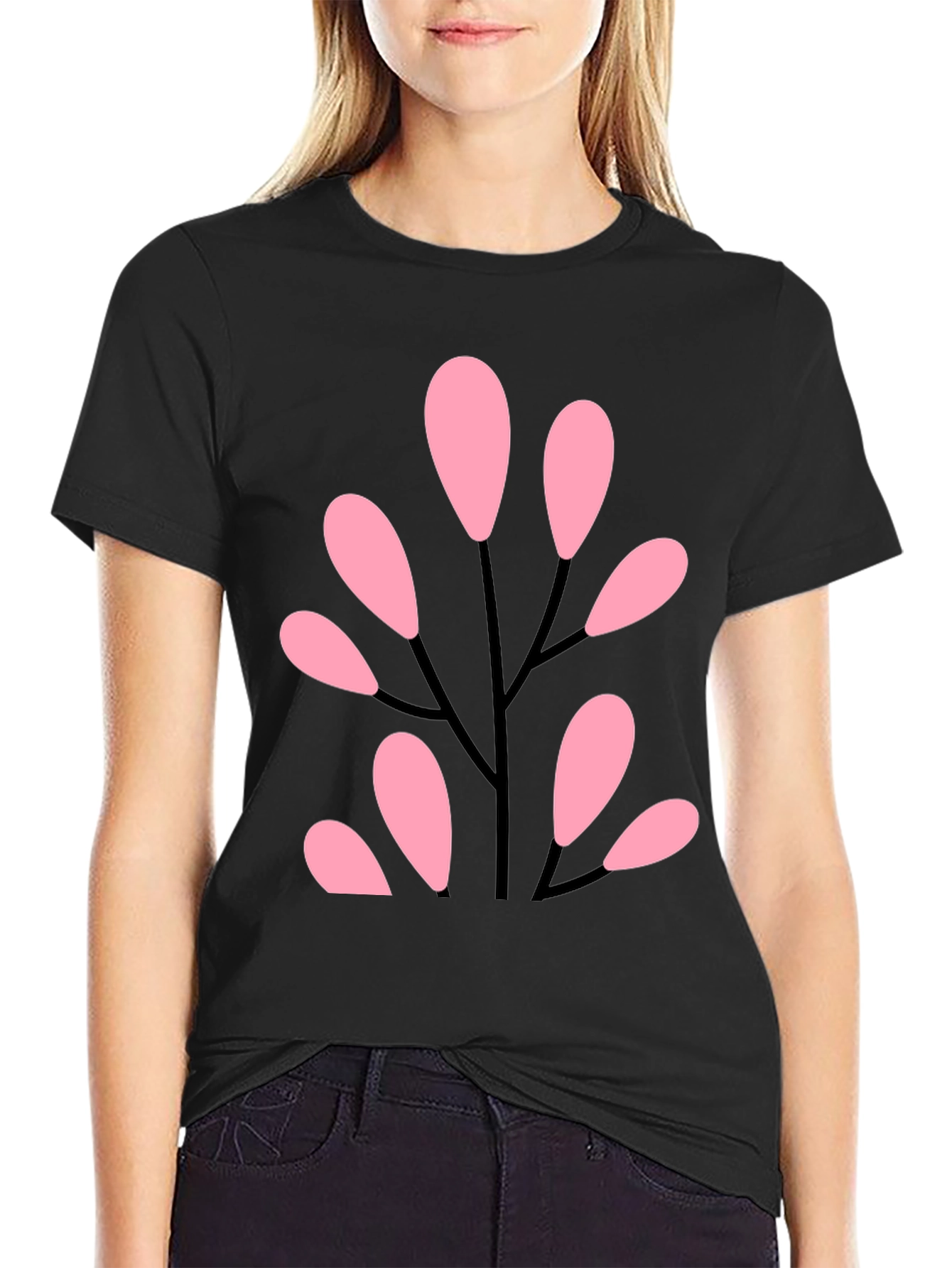 Stylish Black Tee with Abstract Pink Floral Design