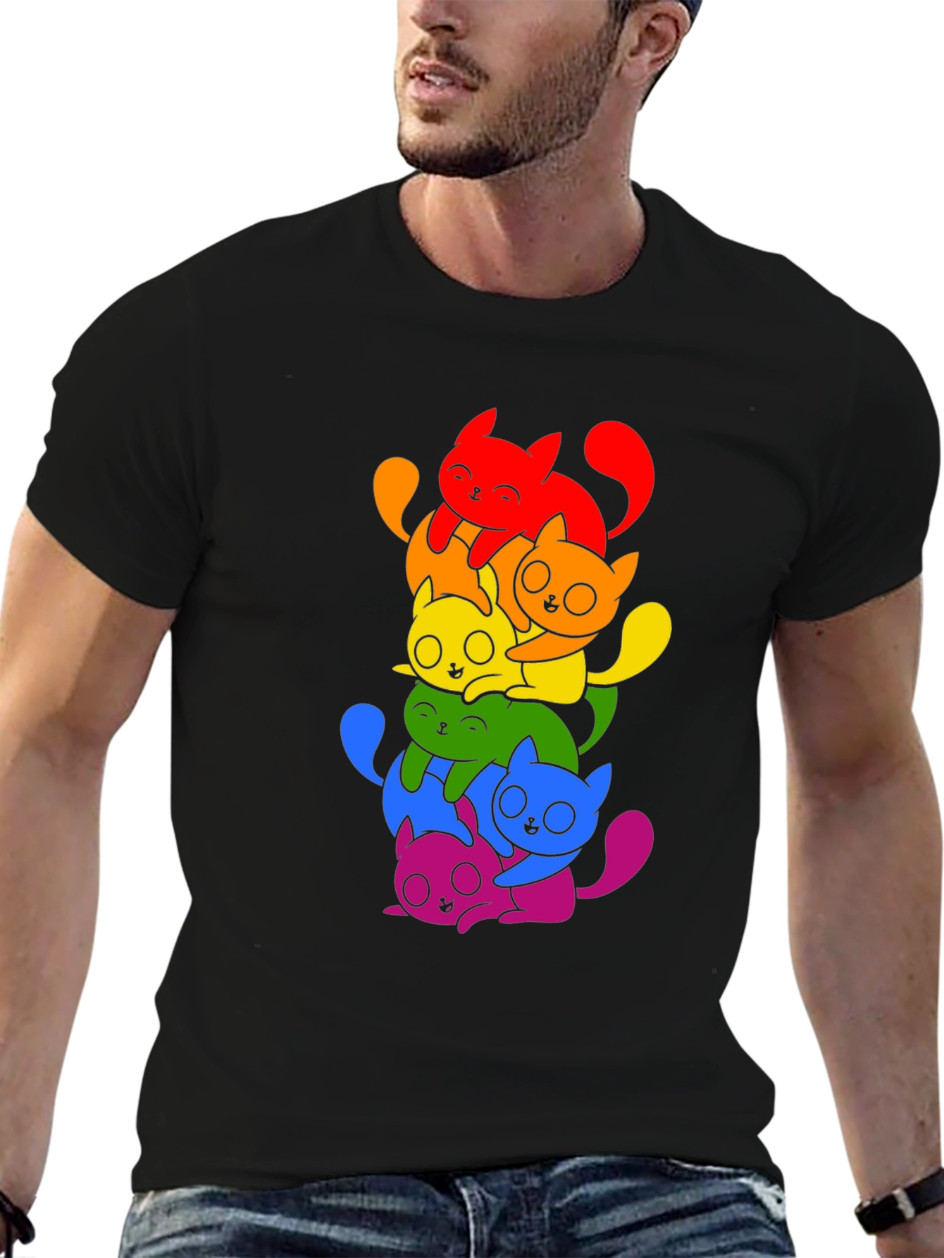 Rainbow Cats Graphic Tee - Black Unisex Shirt