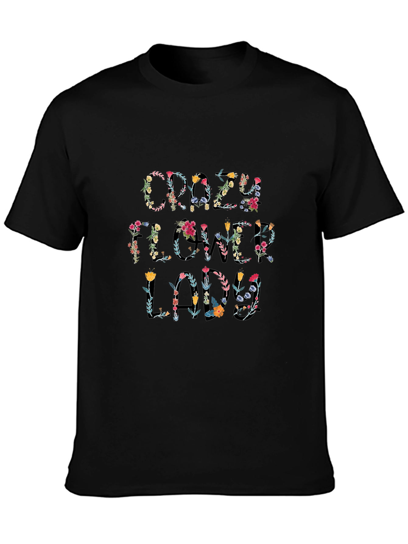 Floral Crazy Flower Lady Black Graphic T-Shirt