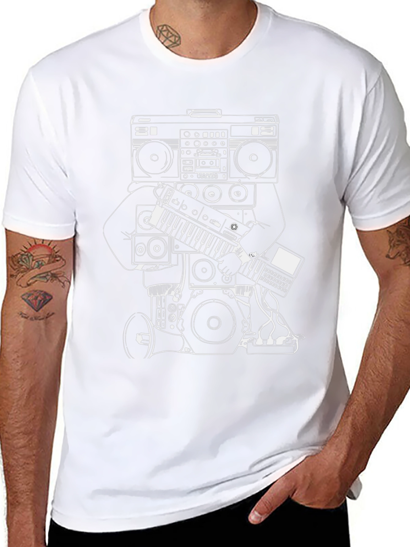 Cool Graphic Tee - Boombox & Keyboard Design