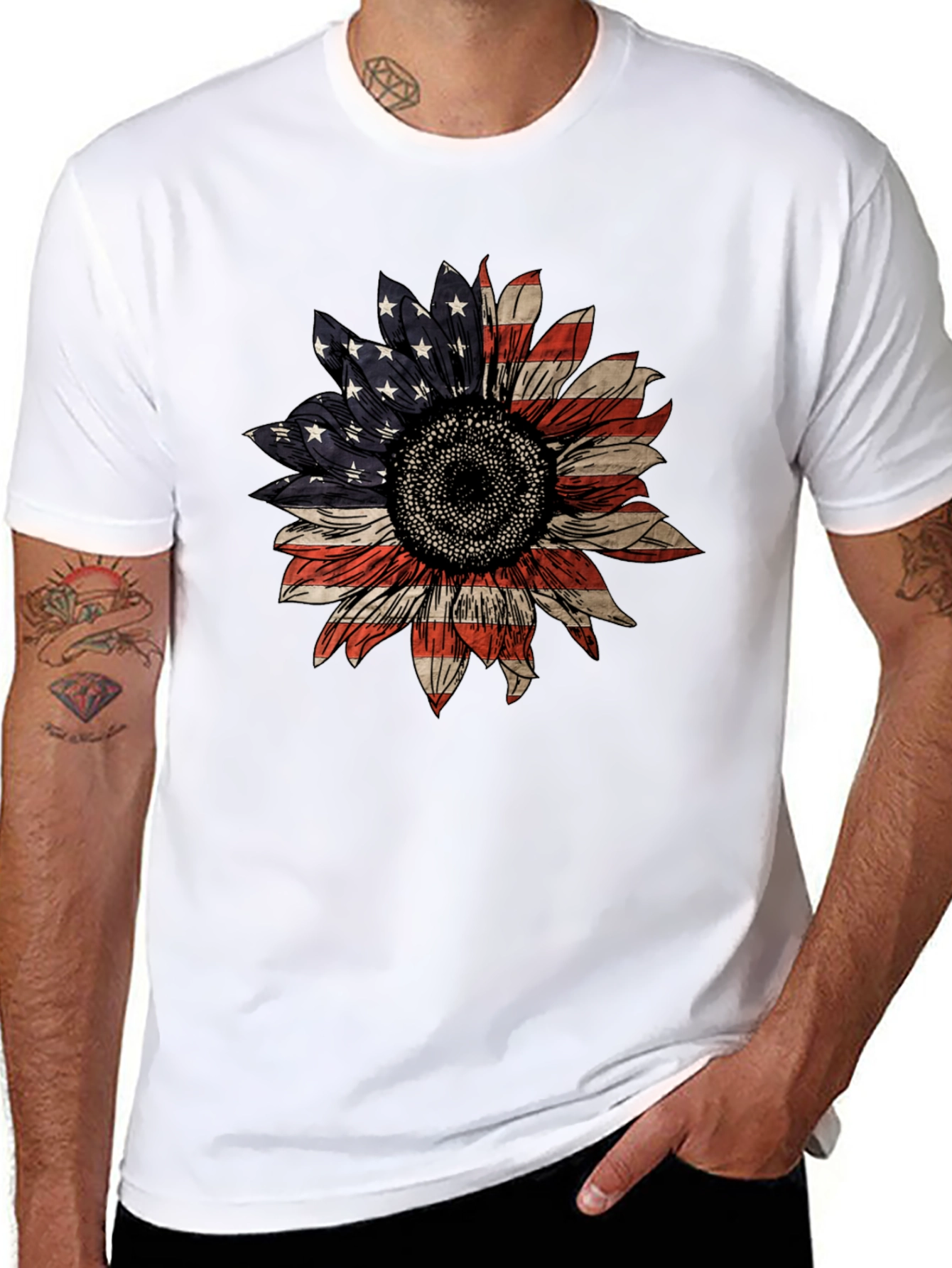 American Flag Sunflower Graphic T-Shirt
