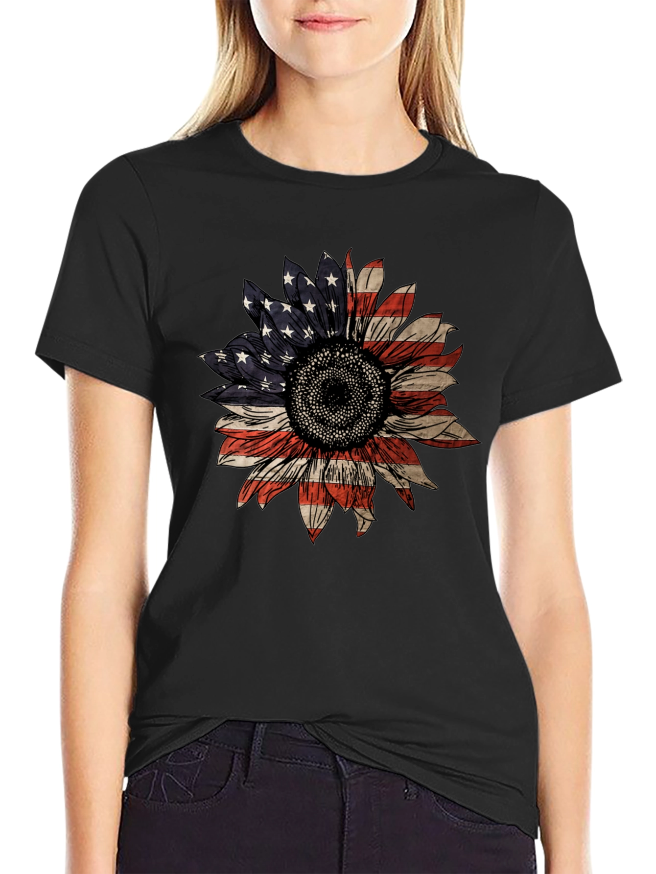 American Flag Sunflower Graphic T-Shirt