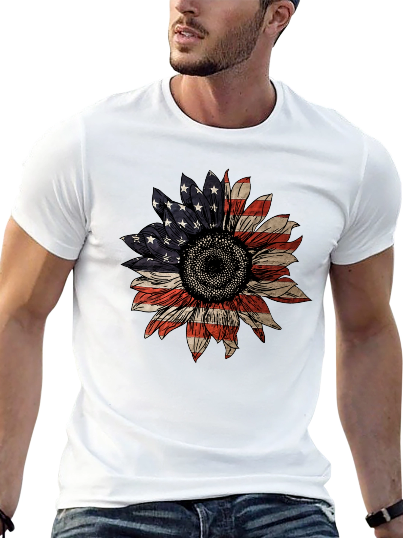 American Flag Sunflower Graphic T-Shirt