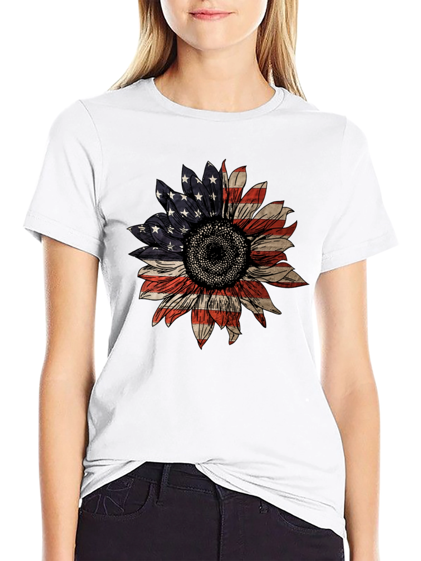 American Flag Sunflower Graphic T-Shirt