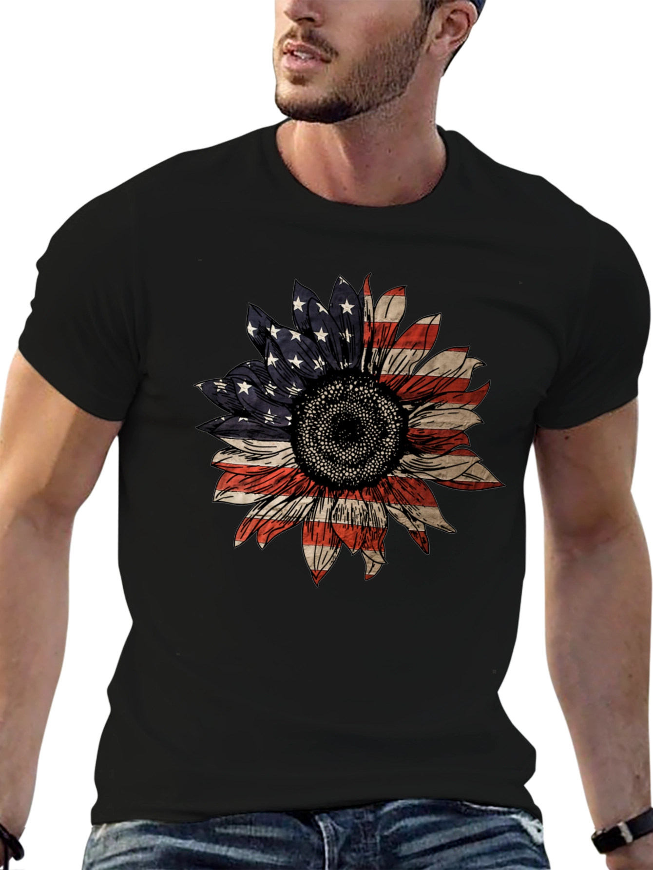 American Flag Sunflower Graphic T-Shirt
