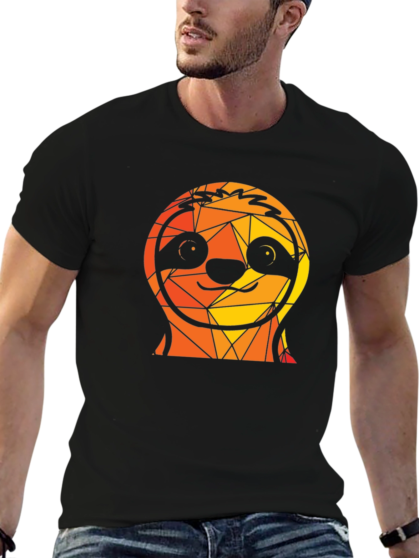 Geometric Sloth Graphic Black T-Shirt