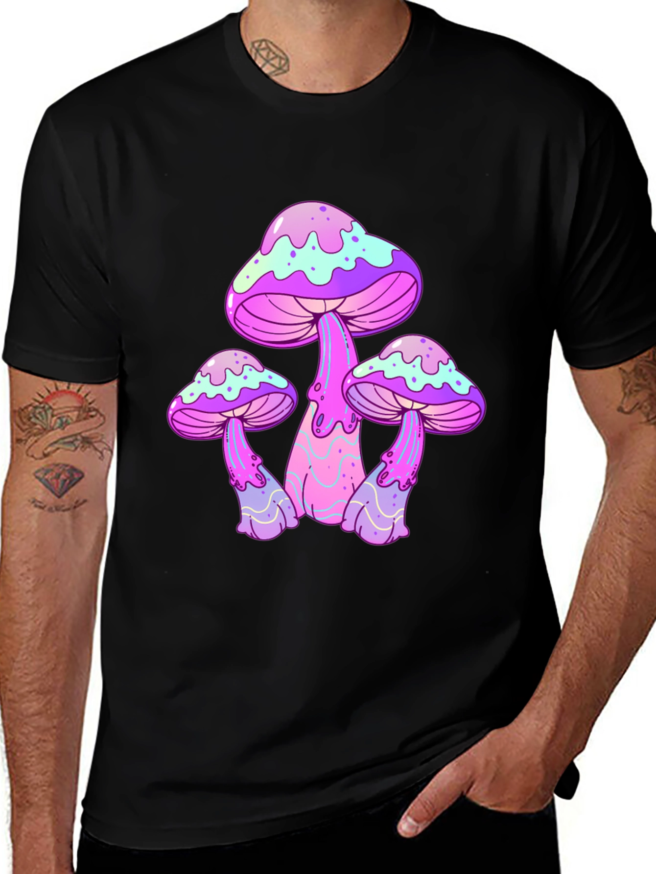 Funky Mushroom Graphic Tee - Black Cotton T-Shirt