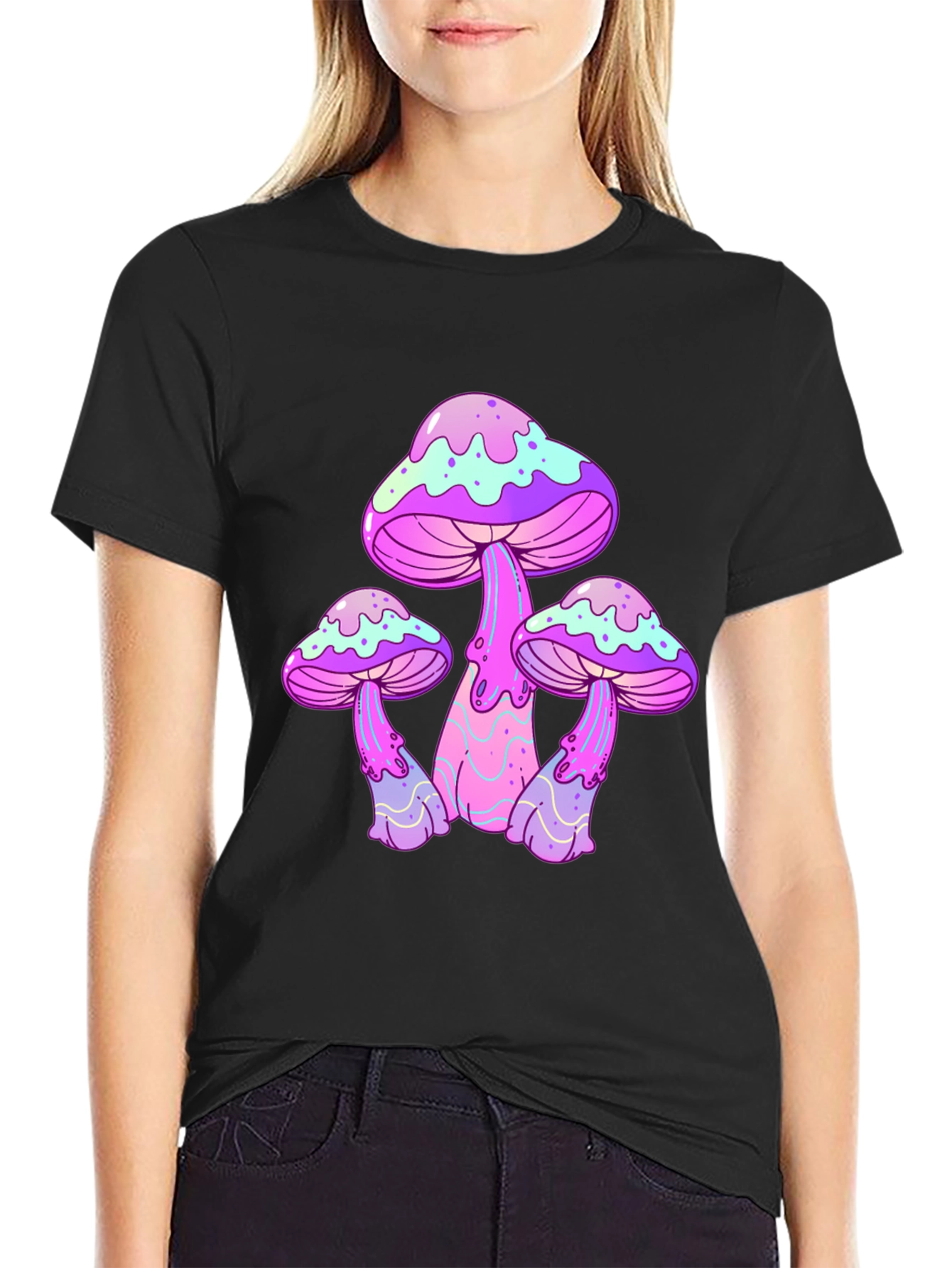Funky Mushroom Graphic Tee - Black Cotton T-Shirt