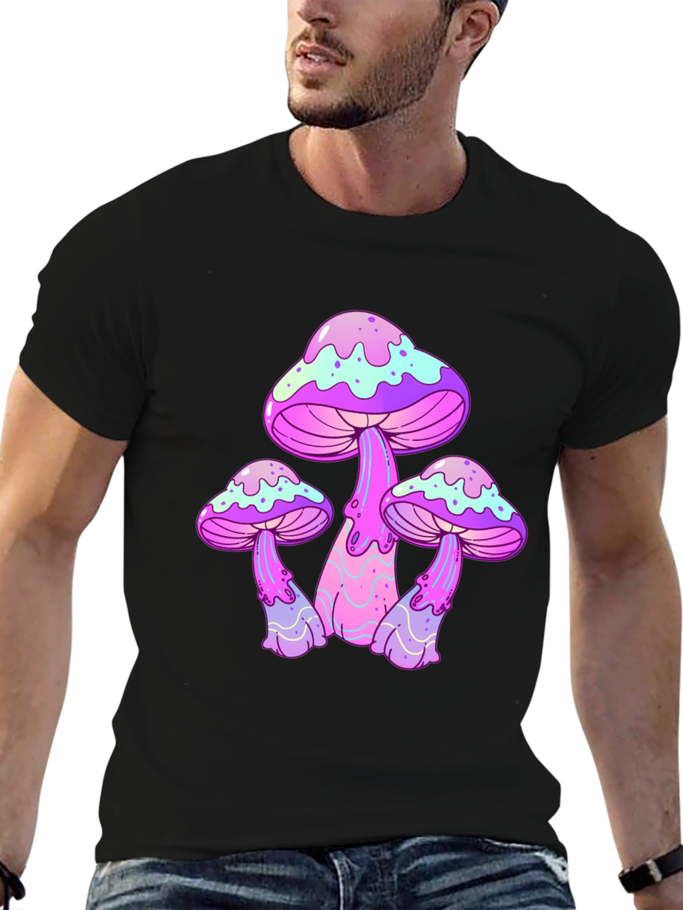 Funky Mushroom Graphic Tee - Black Cotton T-Shirt