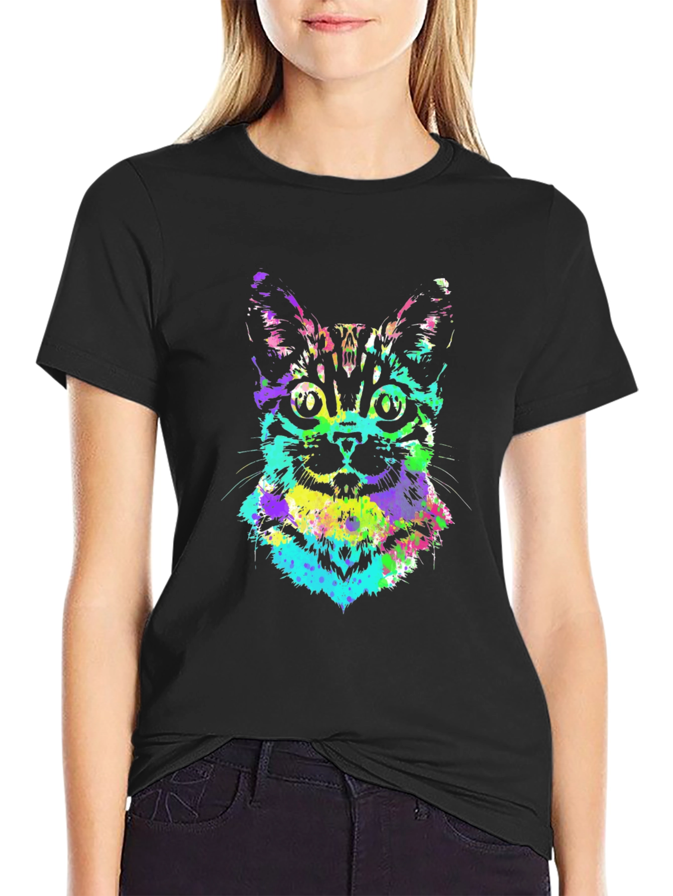 Vibrant Cat Graphic Tee - Black Unisex T-Shirt