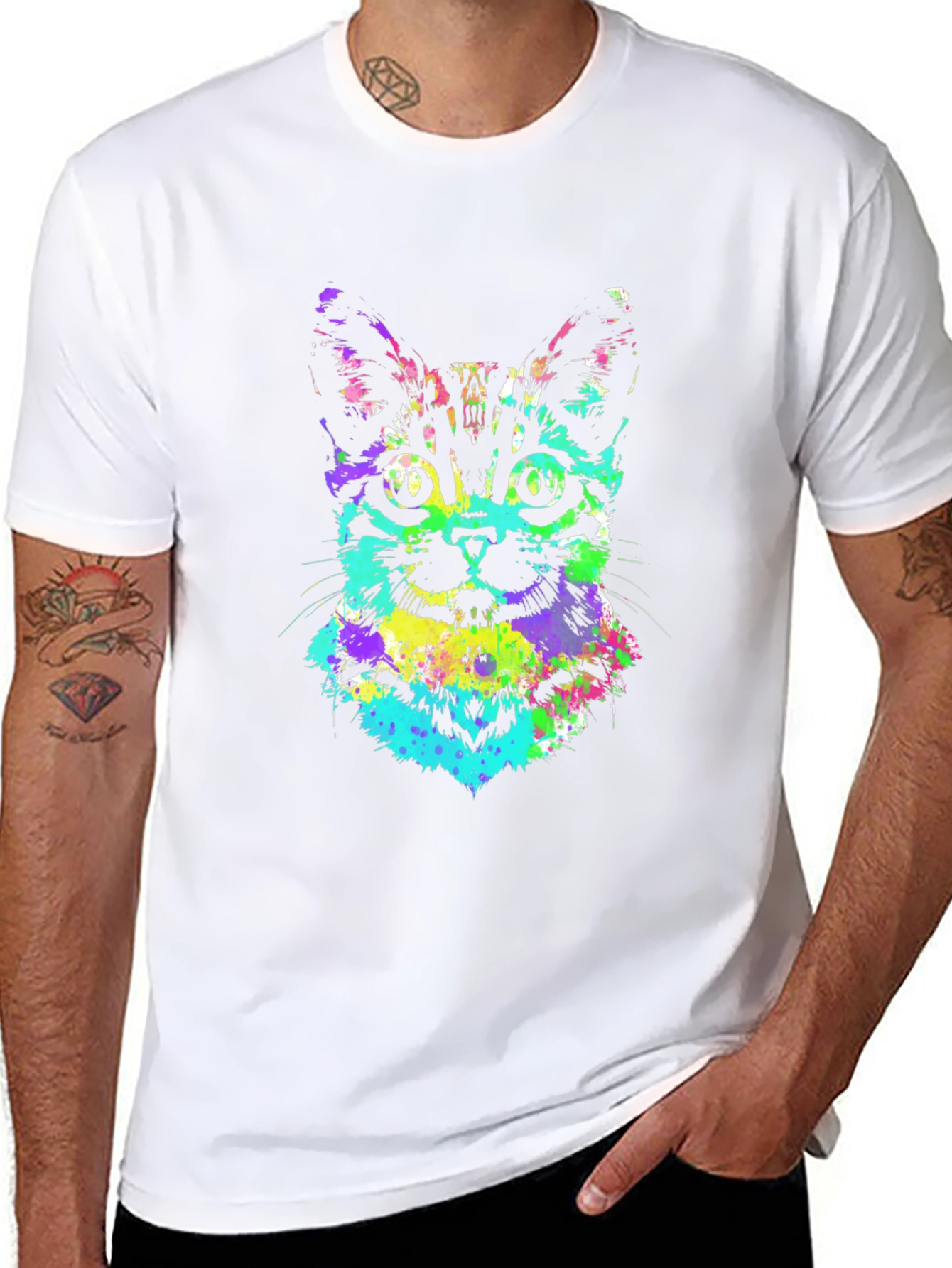 Vibrant Cat Graphic Tee - Black Unisex T-Shirt