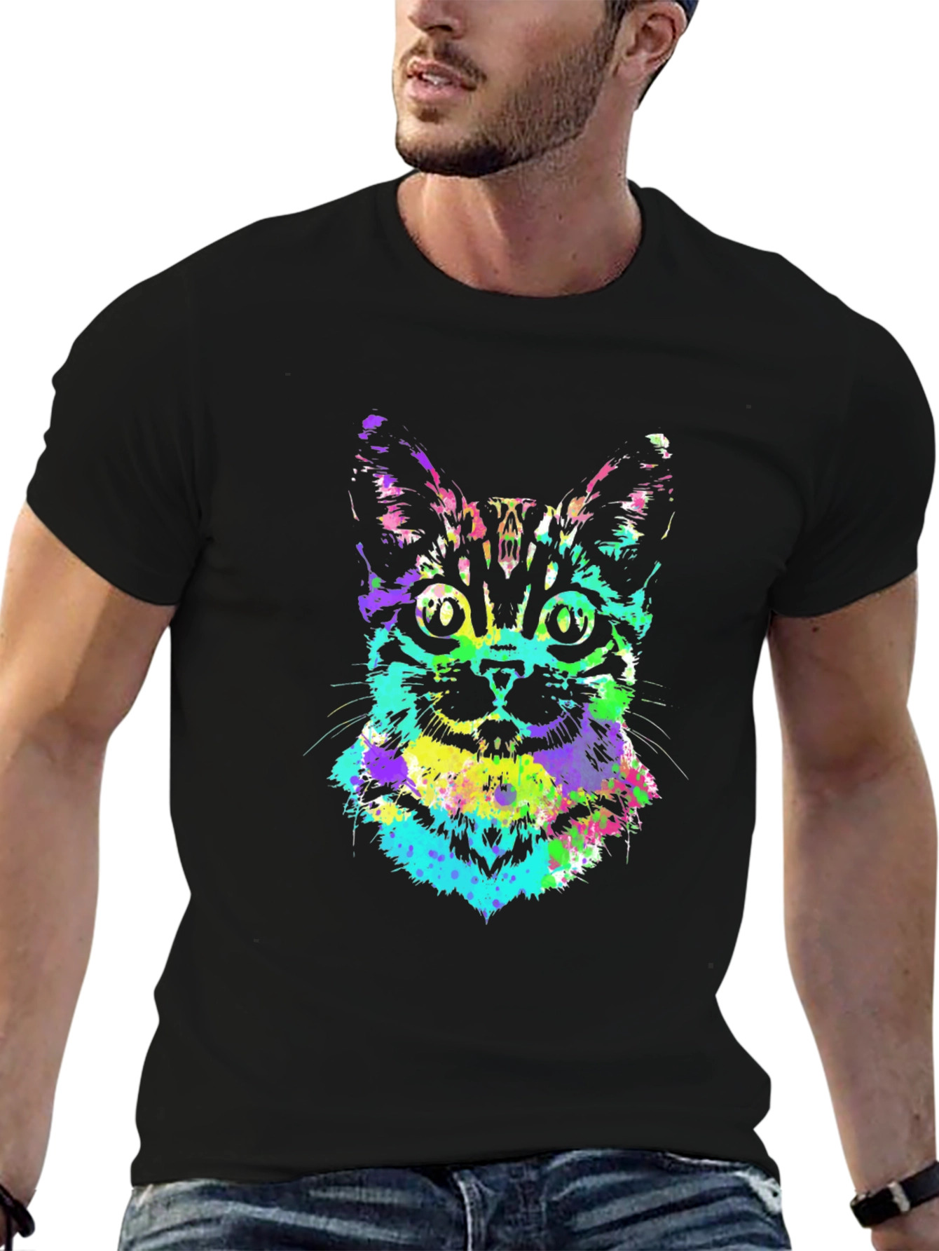 Vibrant Cat Graphic Tee - Black Unisex T-Shirt