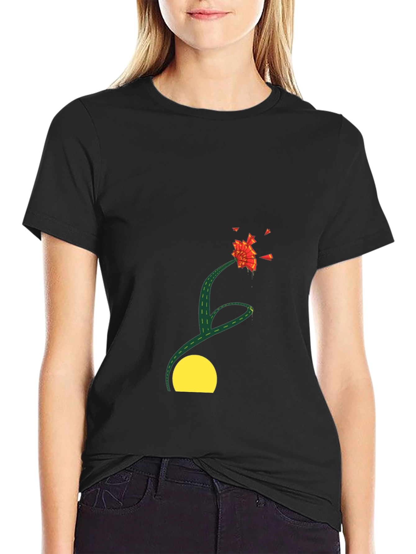 Black T-Shirt with Abstract Floral Design