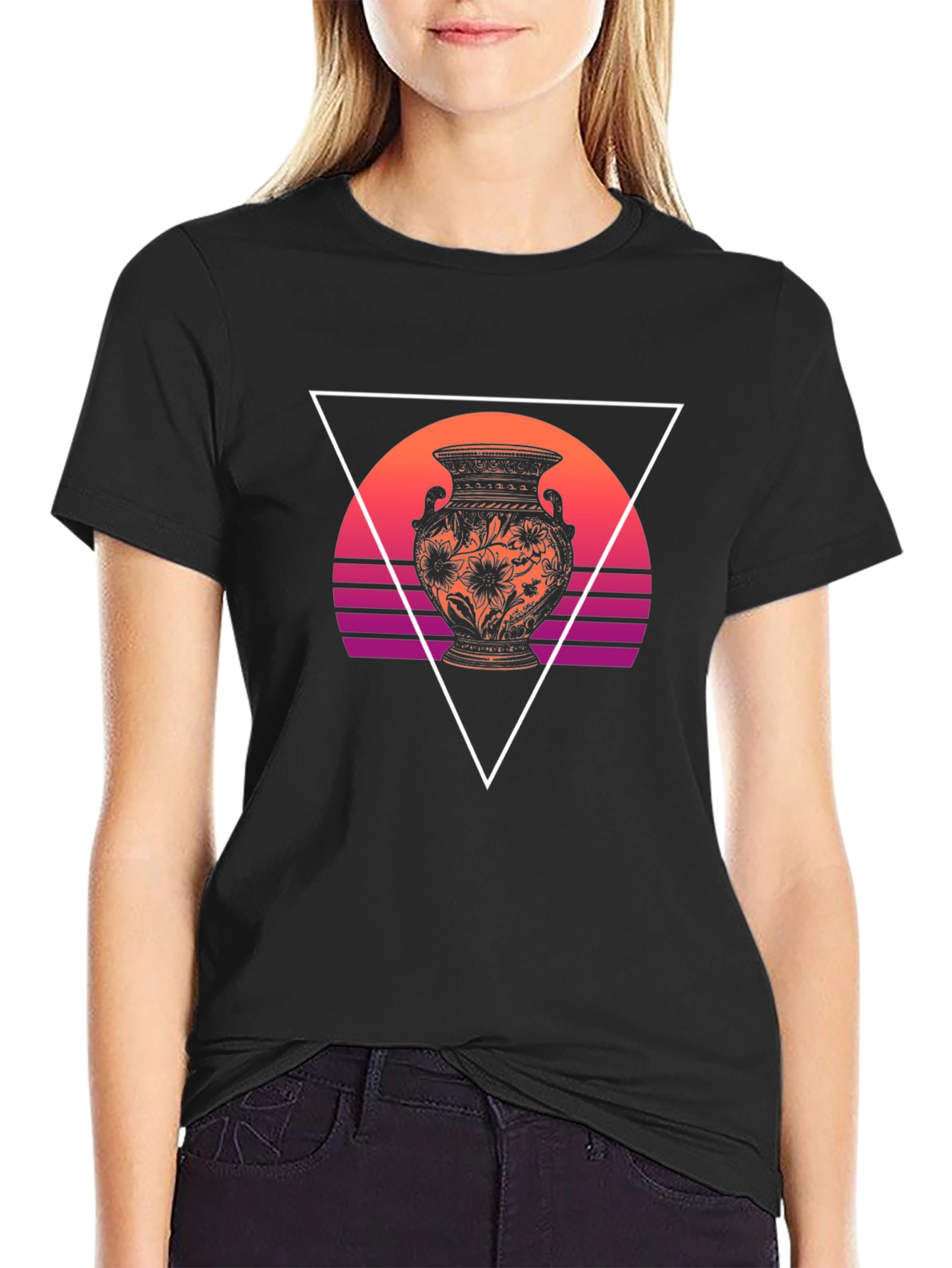 Vaporwave Vase Graphic Tee - Black Cotton Blend