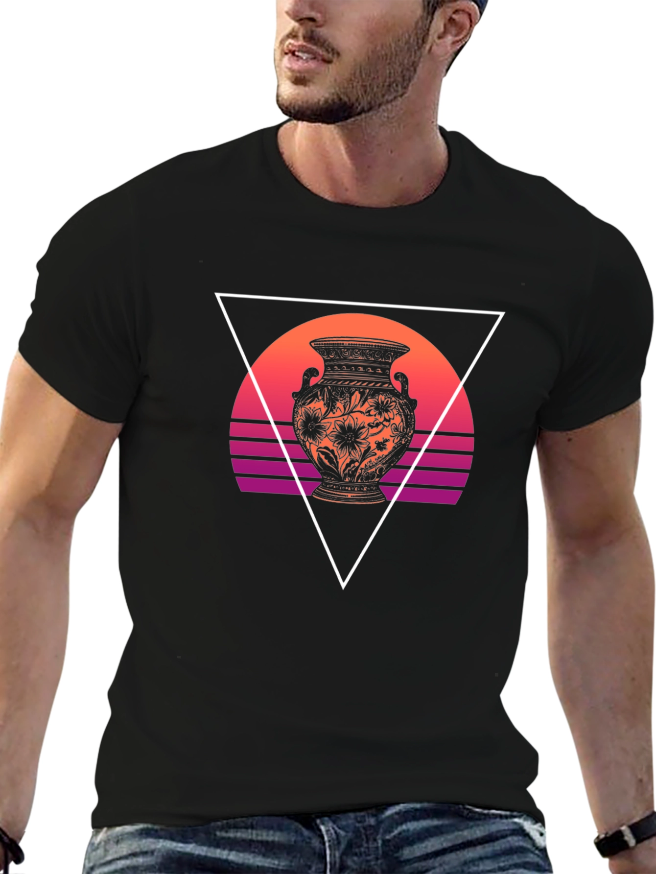 Vaporwave Vase Graphic Tee - Black Cotton Blend