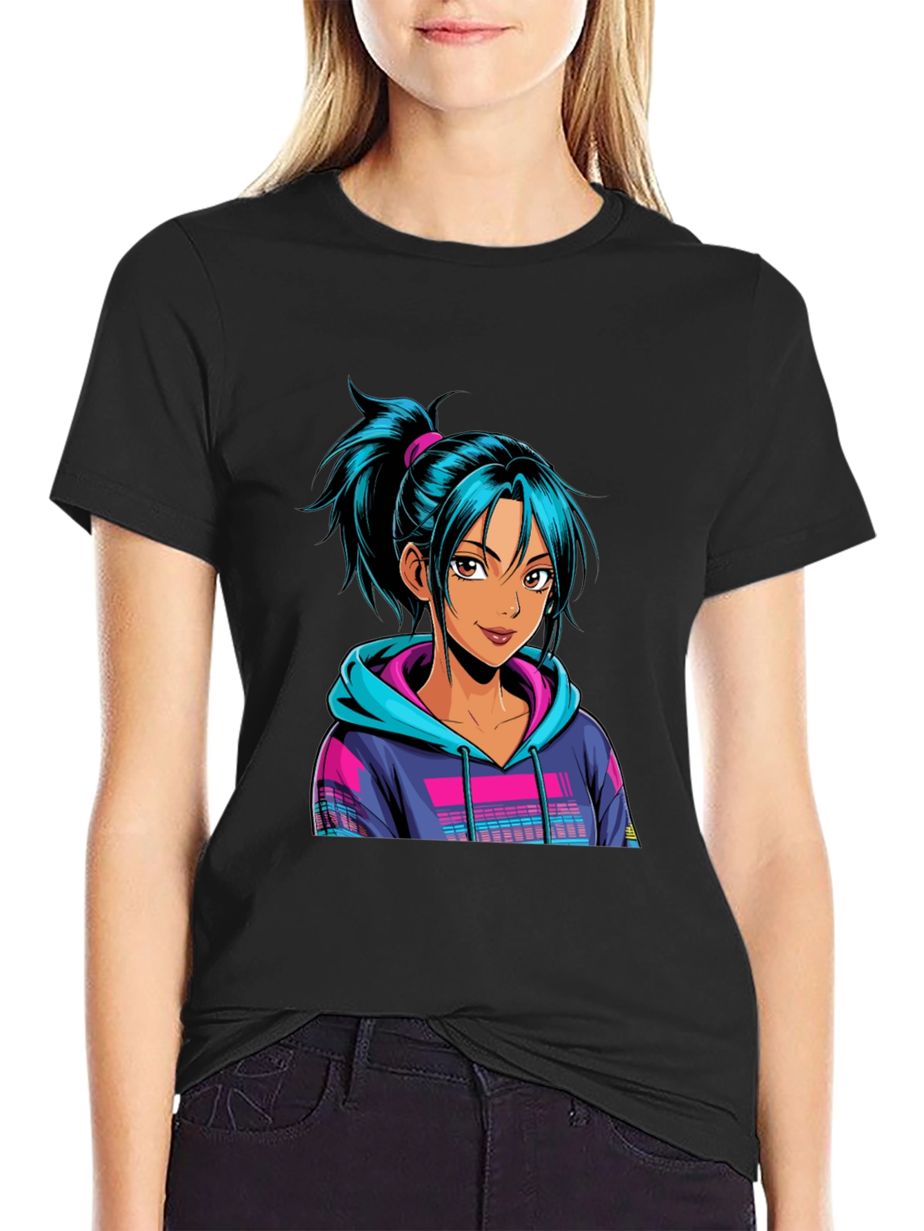 Anime Girl Graphic Black Tee - Trendy Casual Wear