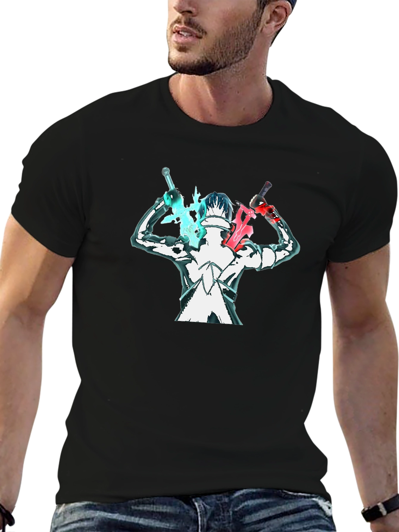 Anime Swordsman Graphic T-Shirt - Black
