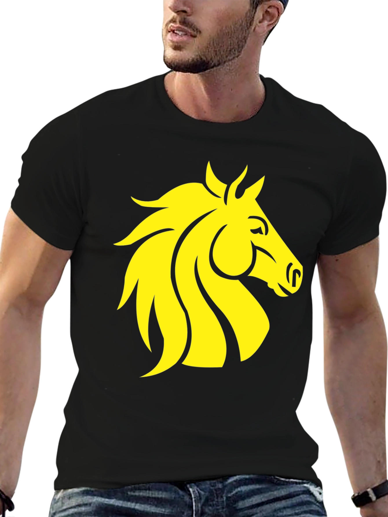 Black T-Shirt with Yellow Horse Graphic