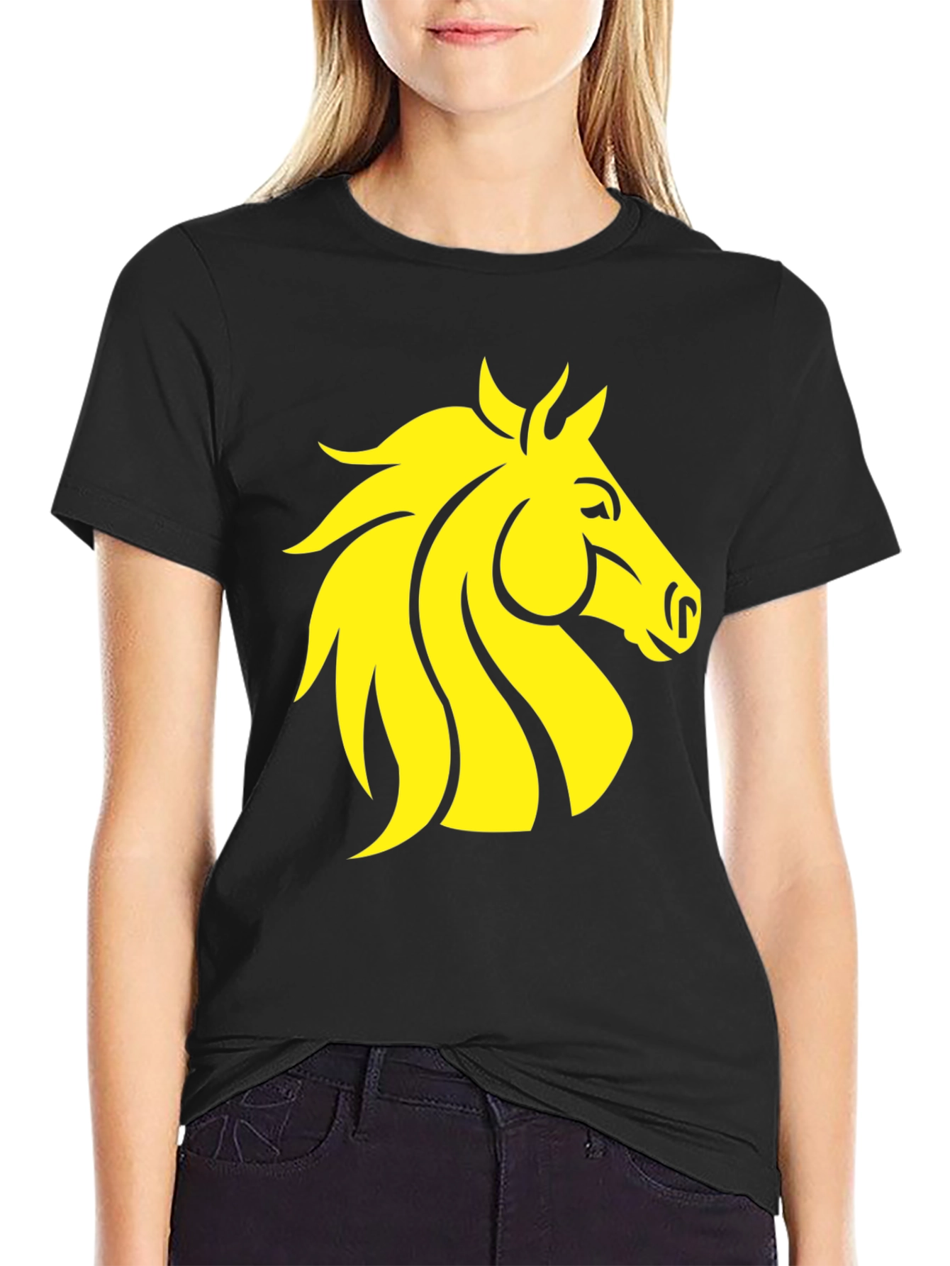 Black T-Shirt with Yellow Horse Graphic