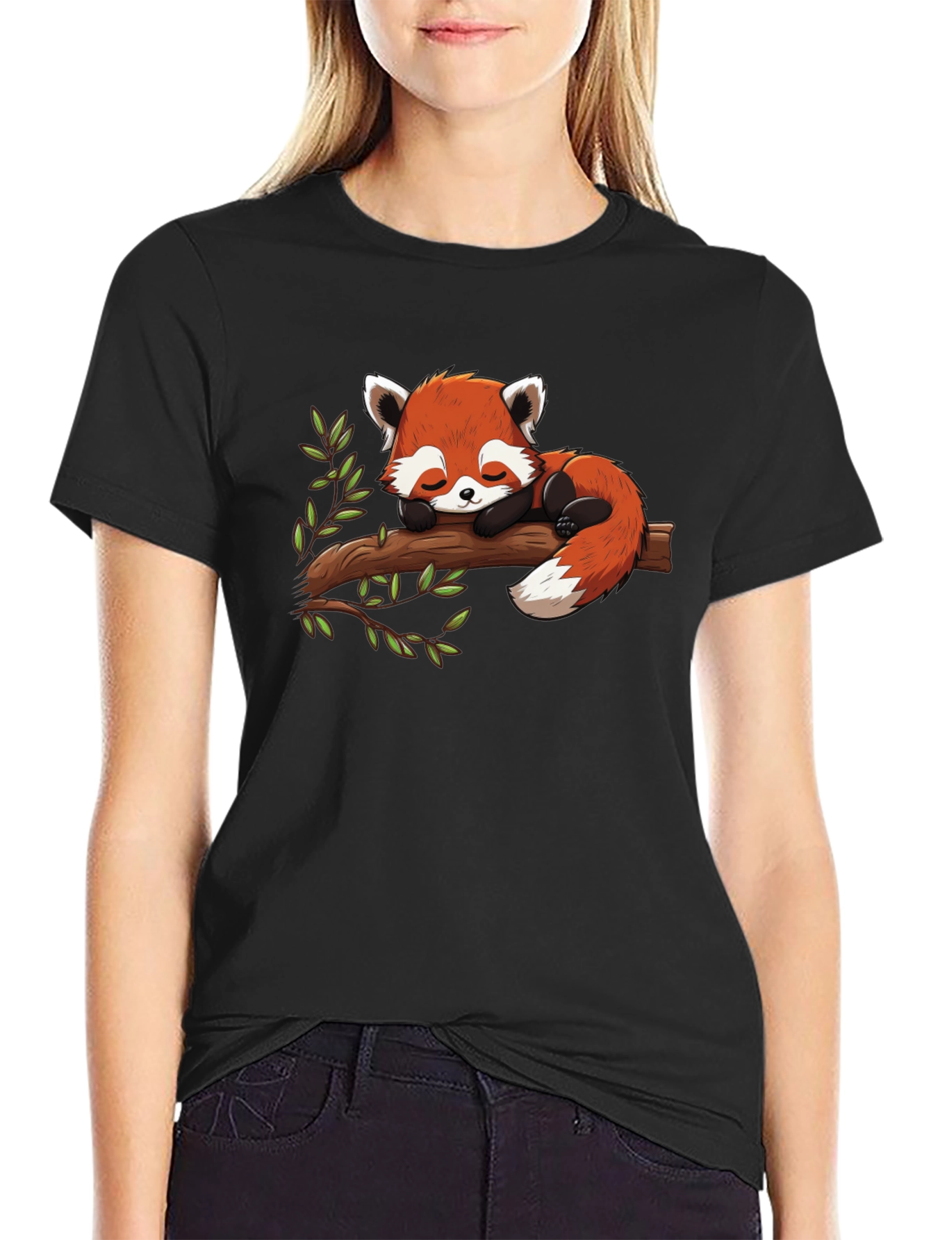Red Panda Nap Black T-Shirt
