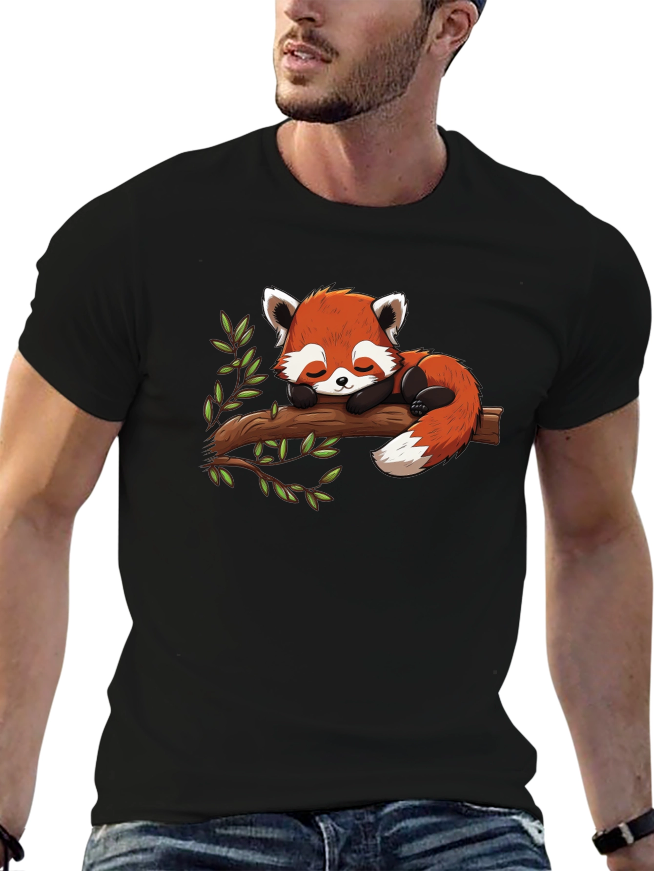 Red Panda Nap Black T-Shirt