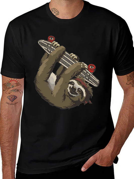 Sloth Skateboarder Graphic Tee - Black Cotton T-Shirt