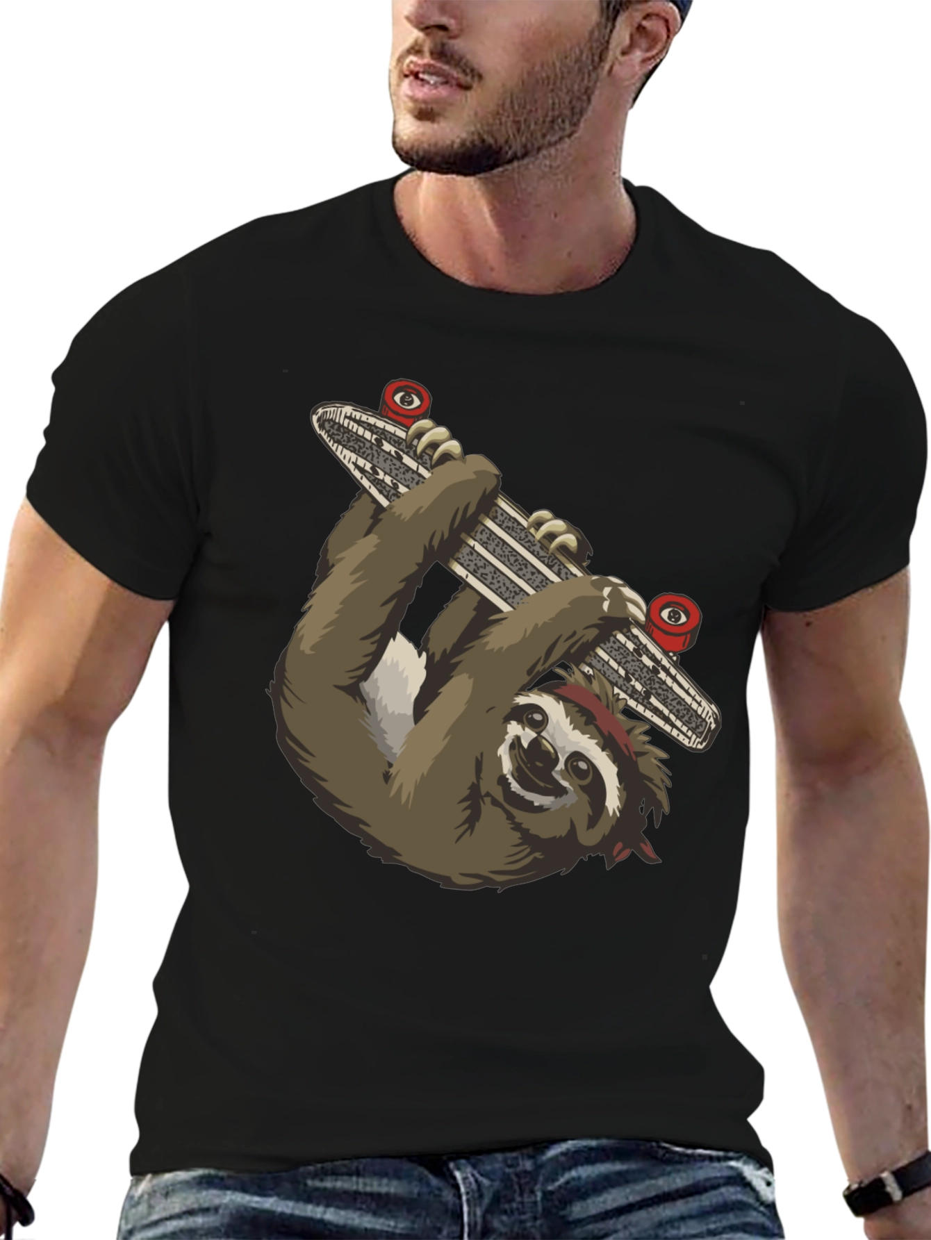 Sloth Skateboarder Graphic Tee - Black Cotton T-Shirt