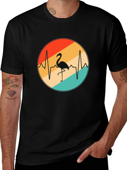 Flamingo Heartbeat Retro Graphic Tee - Black