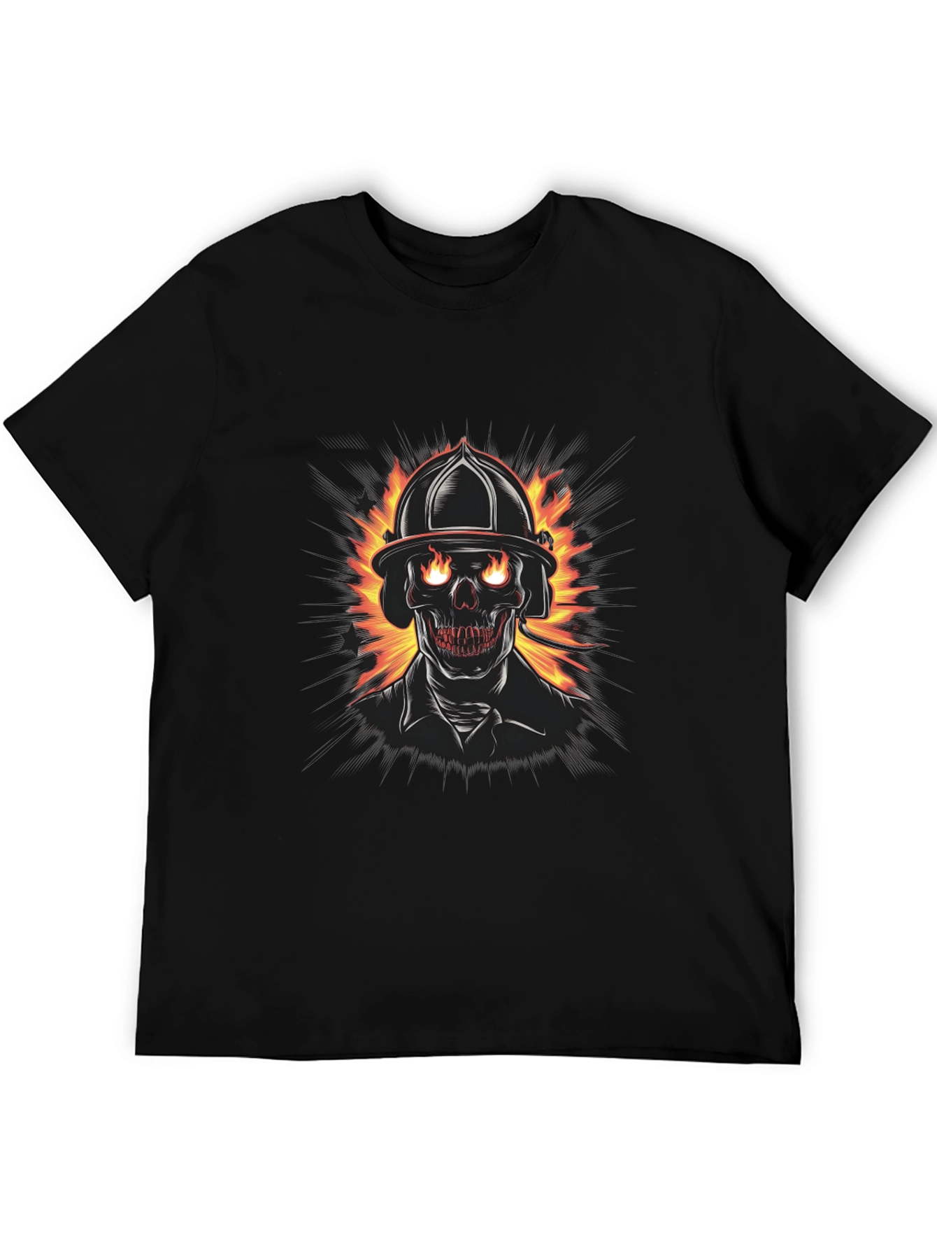 Fiery Firefighter Skull Graphic Tee - Black Cotton T-Shirt