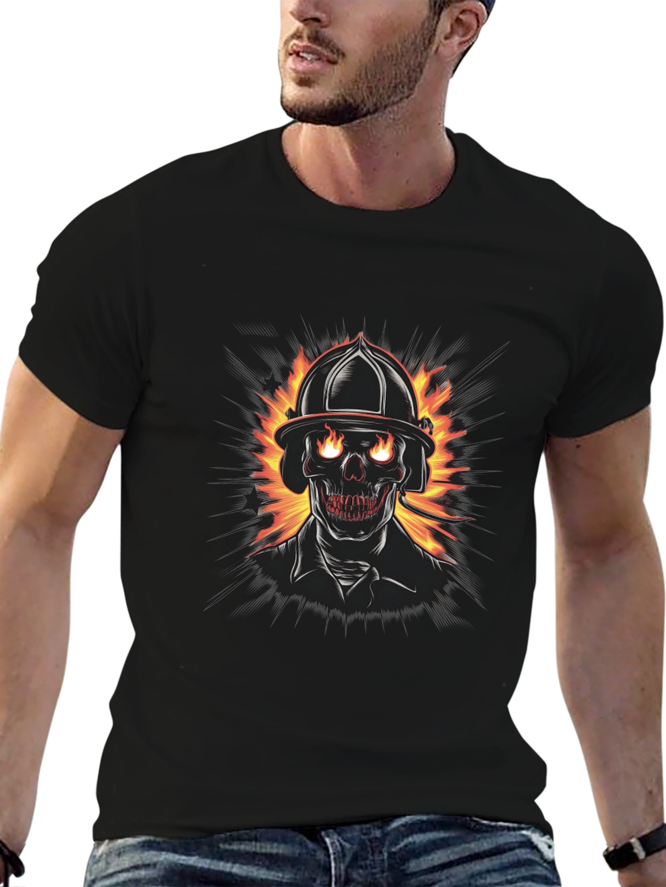 Fiery Firefighter Skull Graphic Tee - Black Cotton T-Shirt