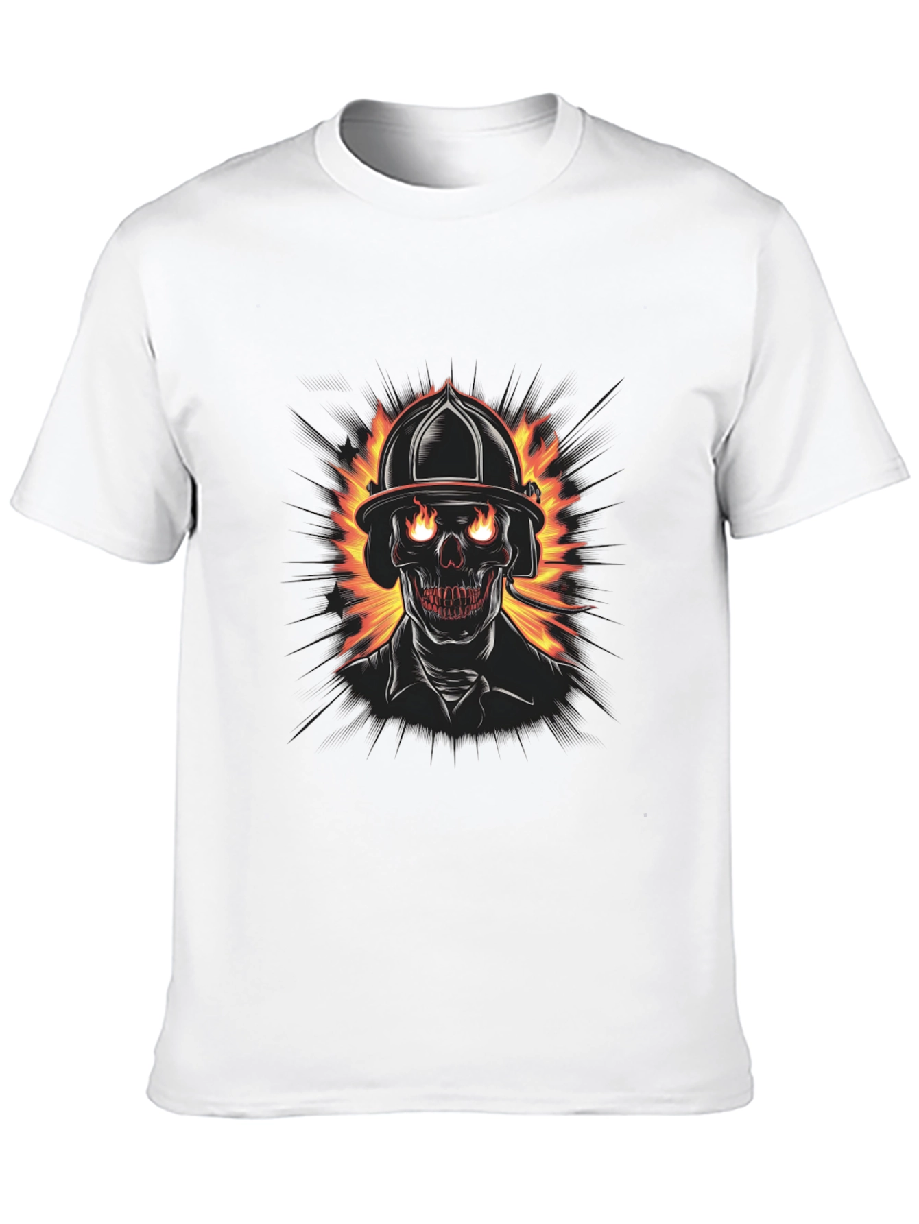 Fiery Firefighter Skull Graphic Tee - Black Cotton T-Shirt