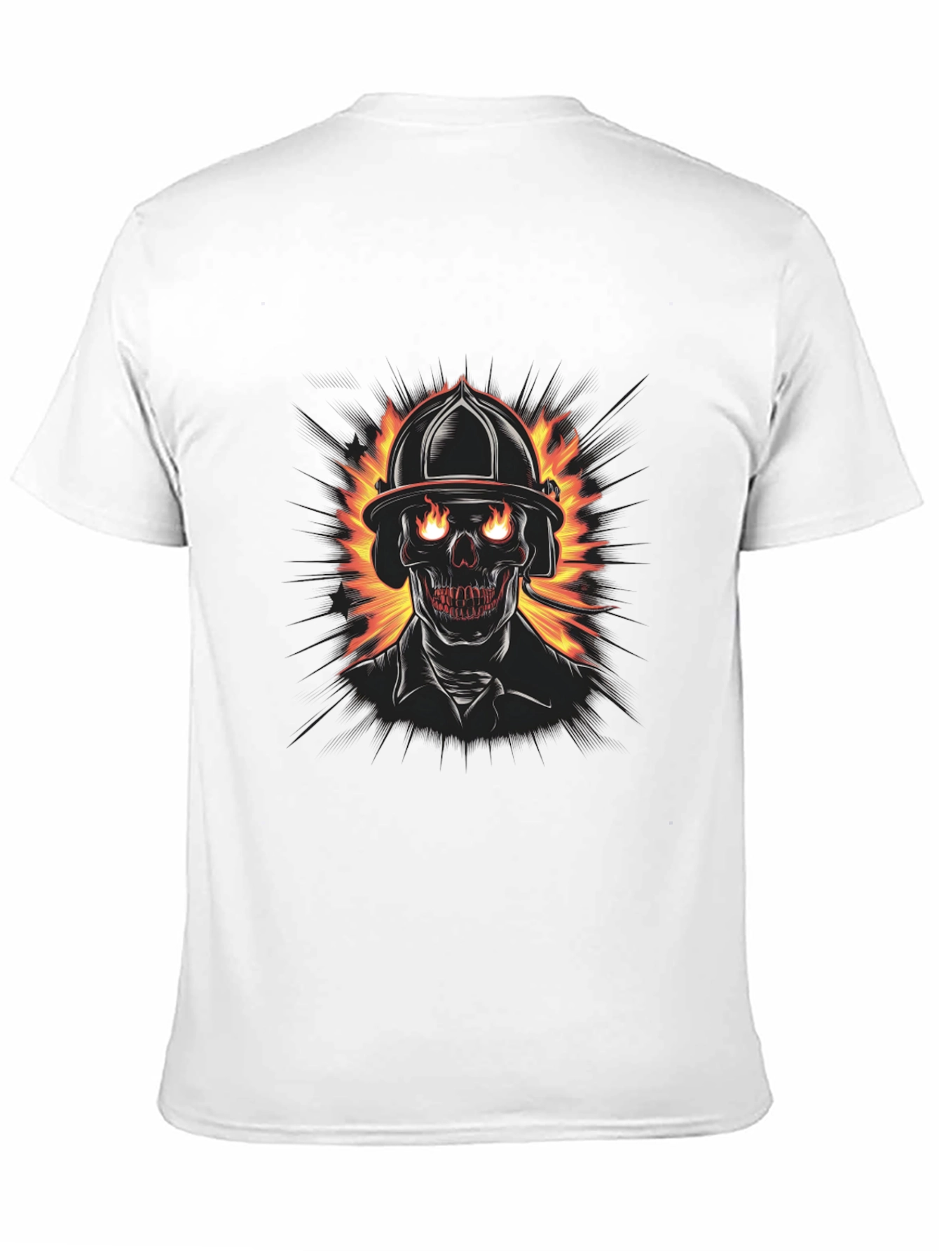 Fiery Firefighter Skull Graphic Tee - Black Cotton T-Shirt
