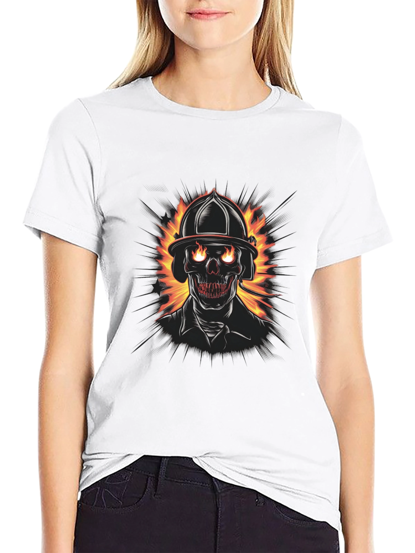 Fiery Firefighter Skull Graphic Tee - Black Cotton T-Shirt